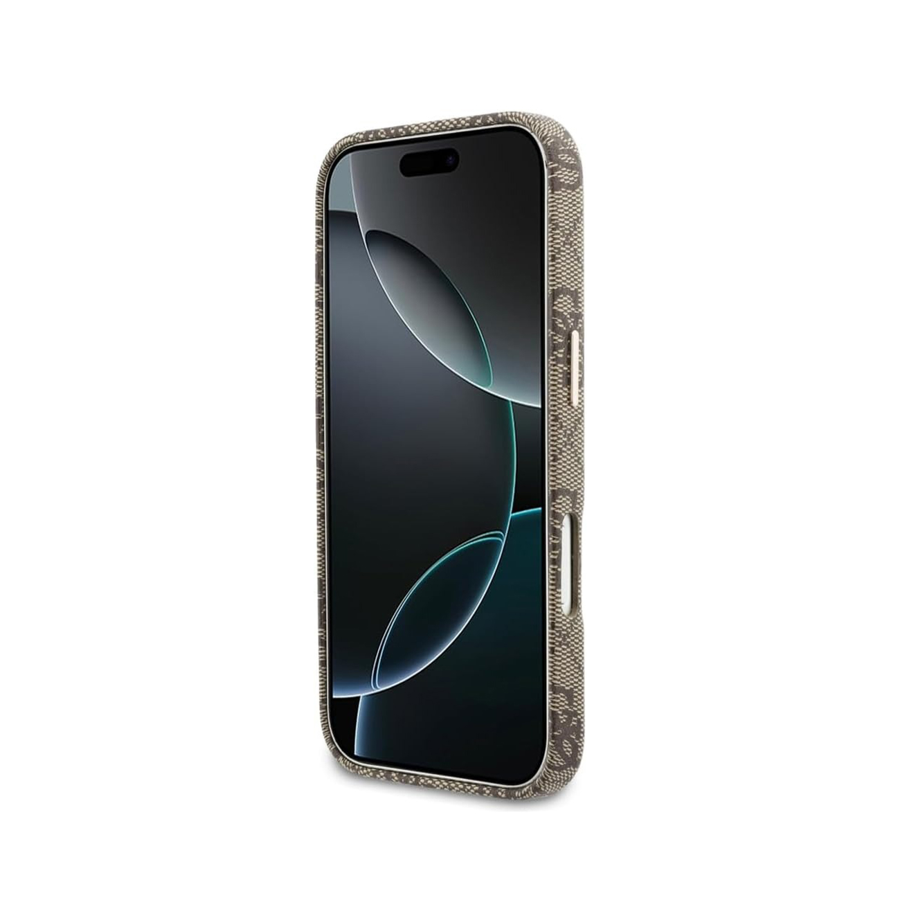 Un iPhone con funda estampada marrón sobre fondo blanco.