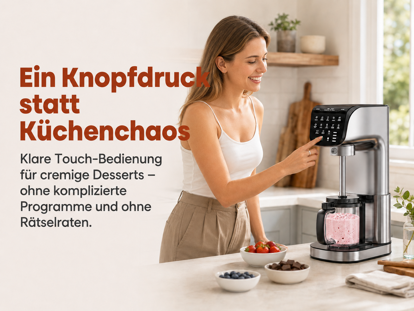 Eine Frau bedient eine Küchenmaschine mit Touchscreen, daneben Schalen mit Beeren und Schokolade.