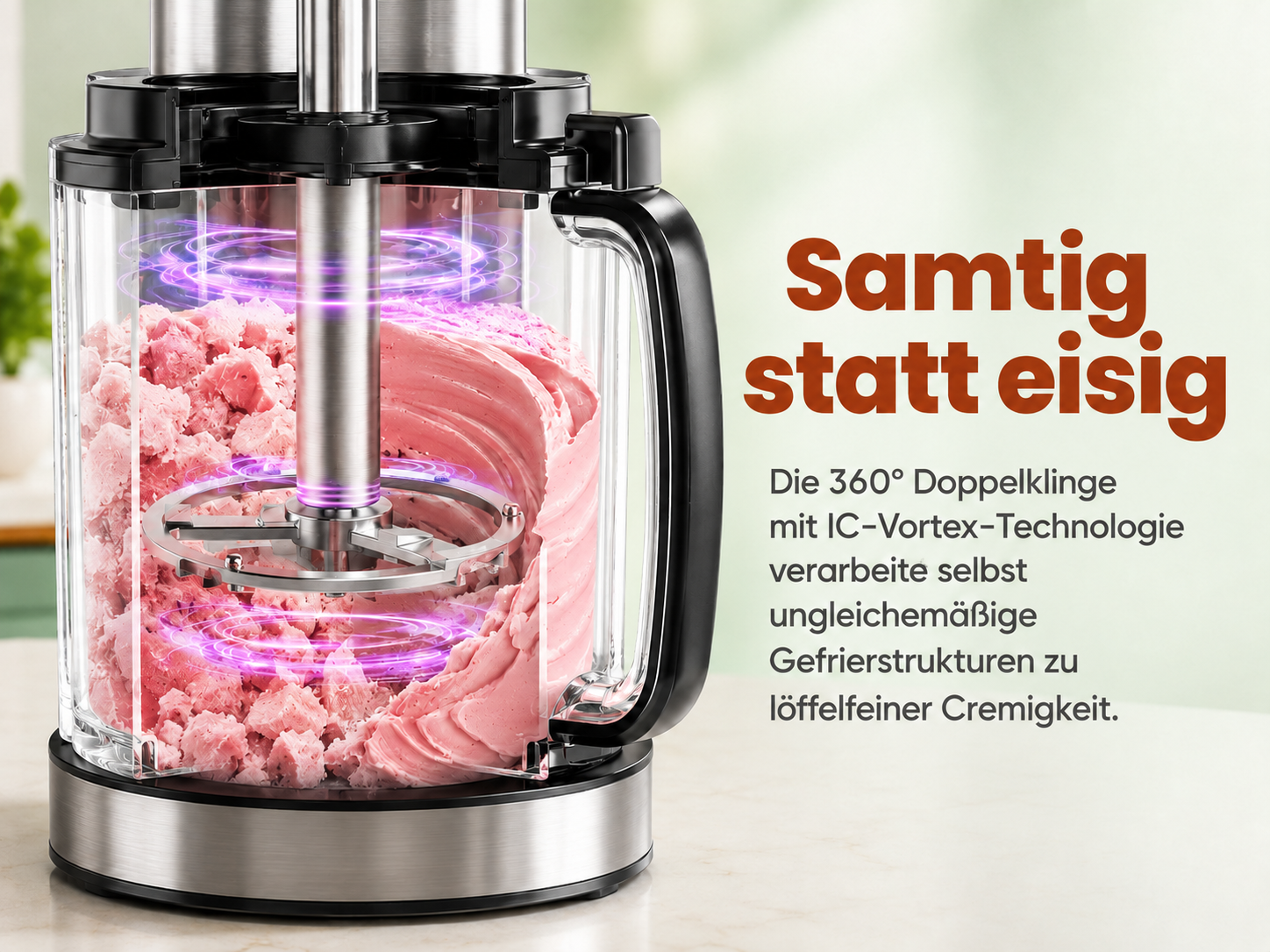 Eiscremebereiter mit Doppel-Klinge verarbeitet gefrorene Zutaten zu cremiger Konsistenz.