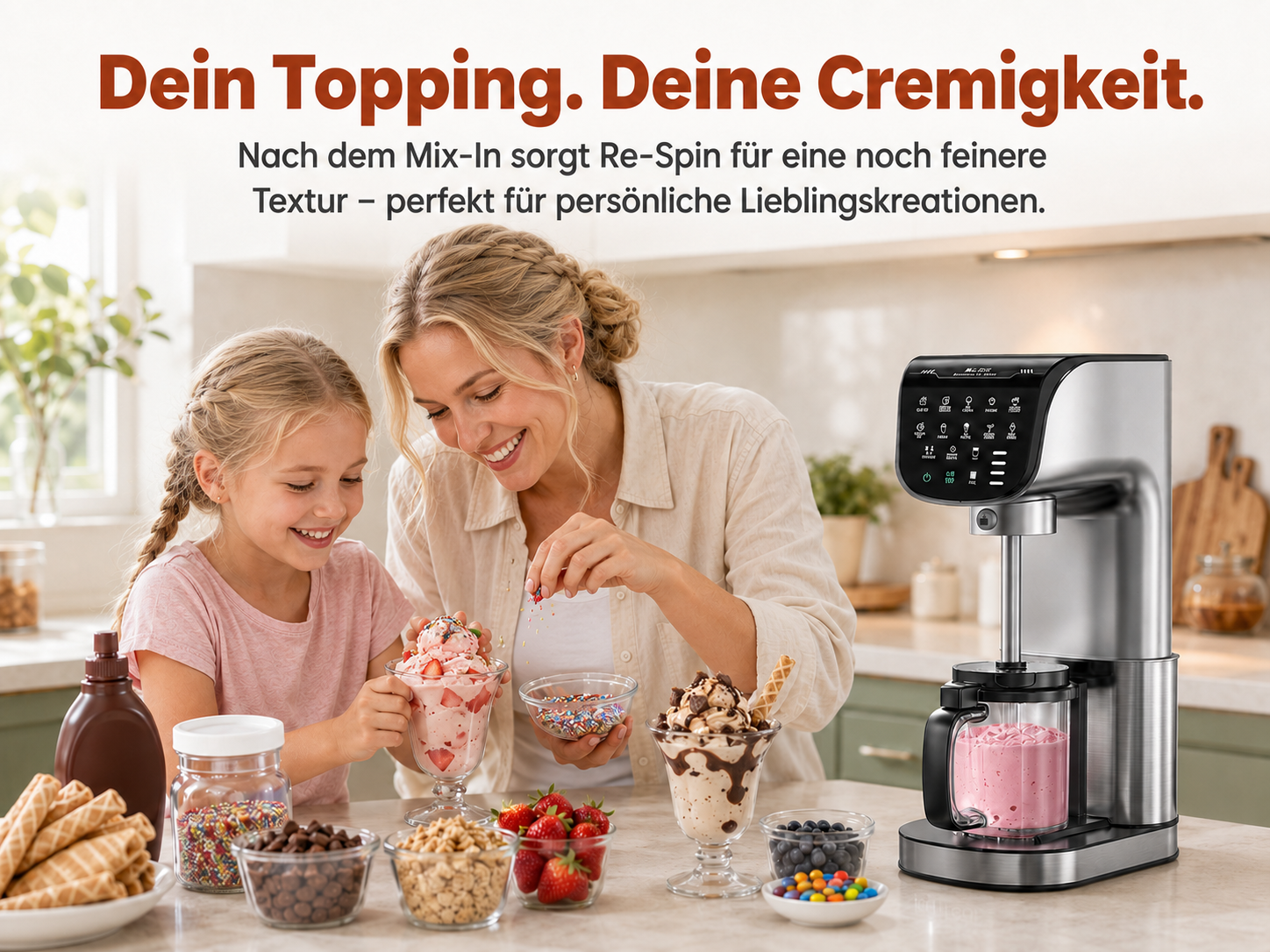 Mutter und Tochter garnieren Eiscreme mit Toppings neben einer Eismaschine.
