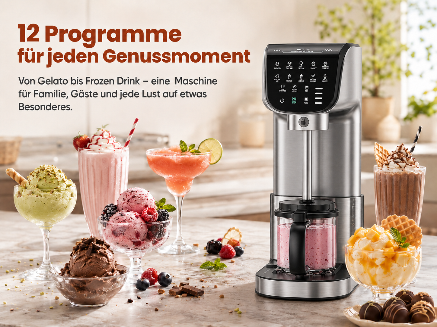 Eiscreme-Maschine mit vielen Desserts: Eis, Shakes, Sorbet. Tischdeko.