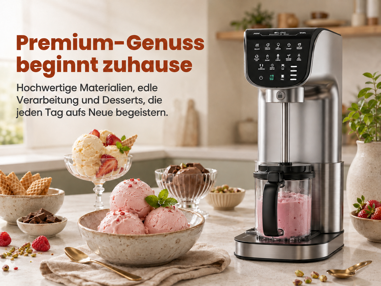 Edelstahl-Eismaschine mit Eis, Beeren und Waffeln in Küche.
