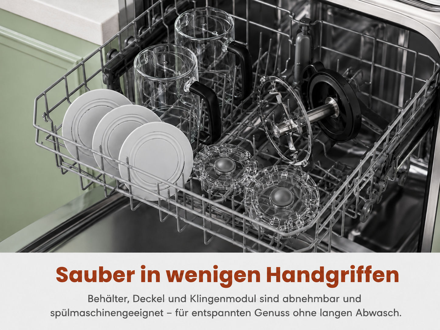 Geschirrkorb mit Gläsern, Tellern und Spülmaschinenteilen.