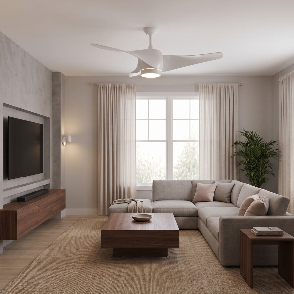 Un soggiorno luminoso con divano, tavolino, TV e ventilatore a soffitto.