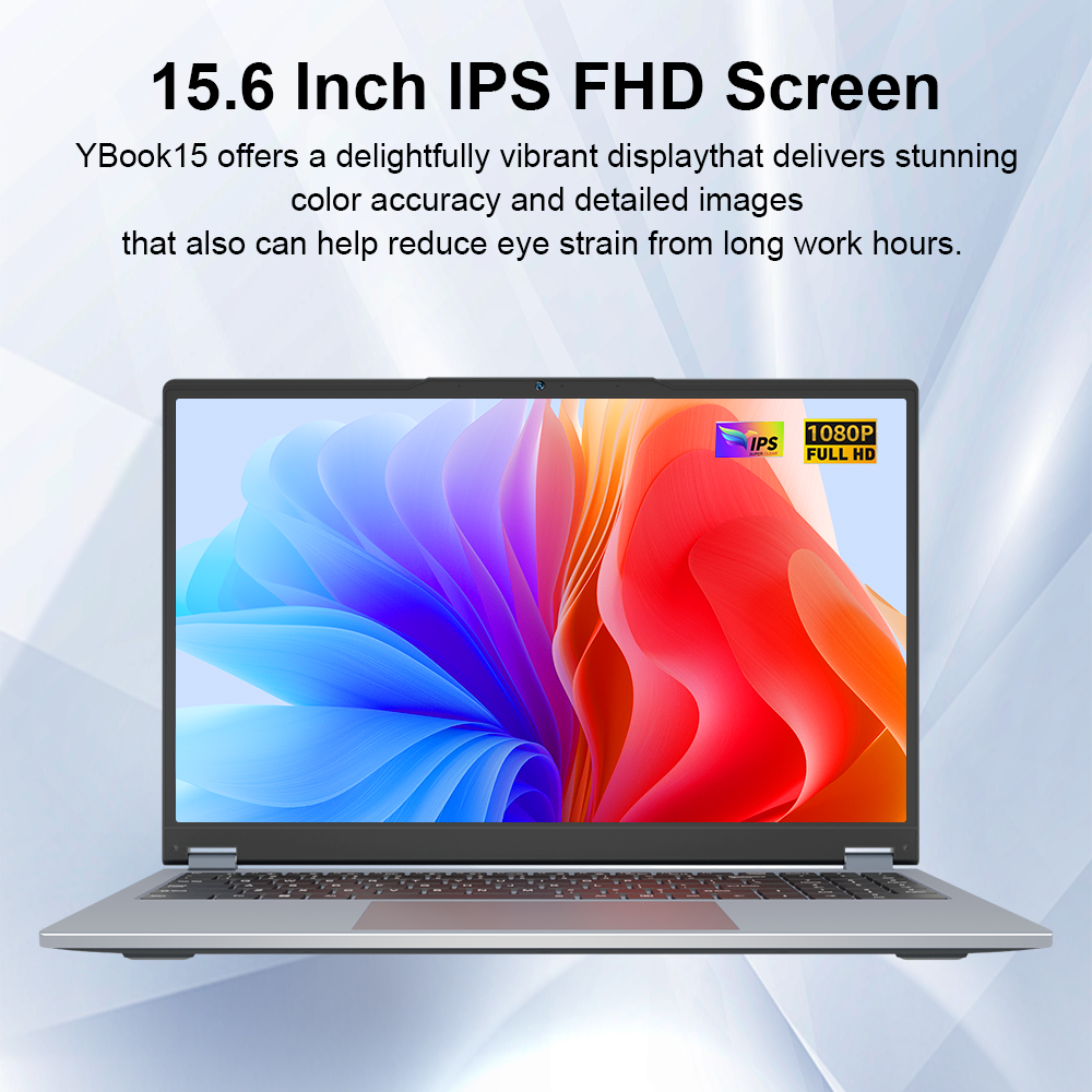 Un portátil plateado con pantalla IPS FHD de 15,6 pulgadas que muestra un patrón abstracto colorido.