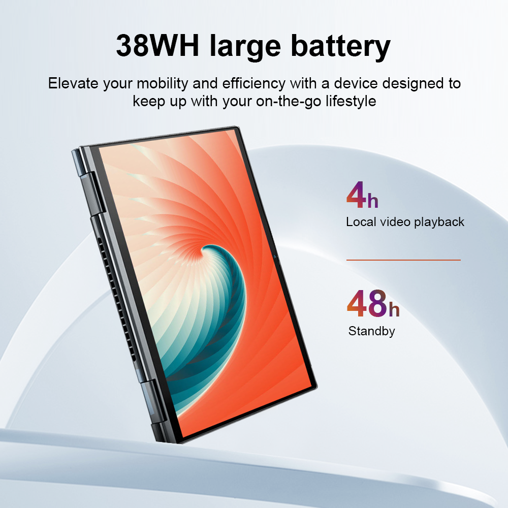 Un portátil con batería de 38Wh, 4h de vídeo local, 48h en espera.