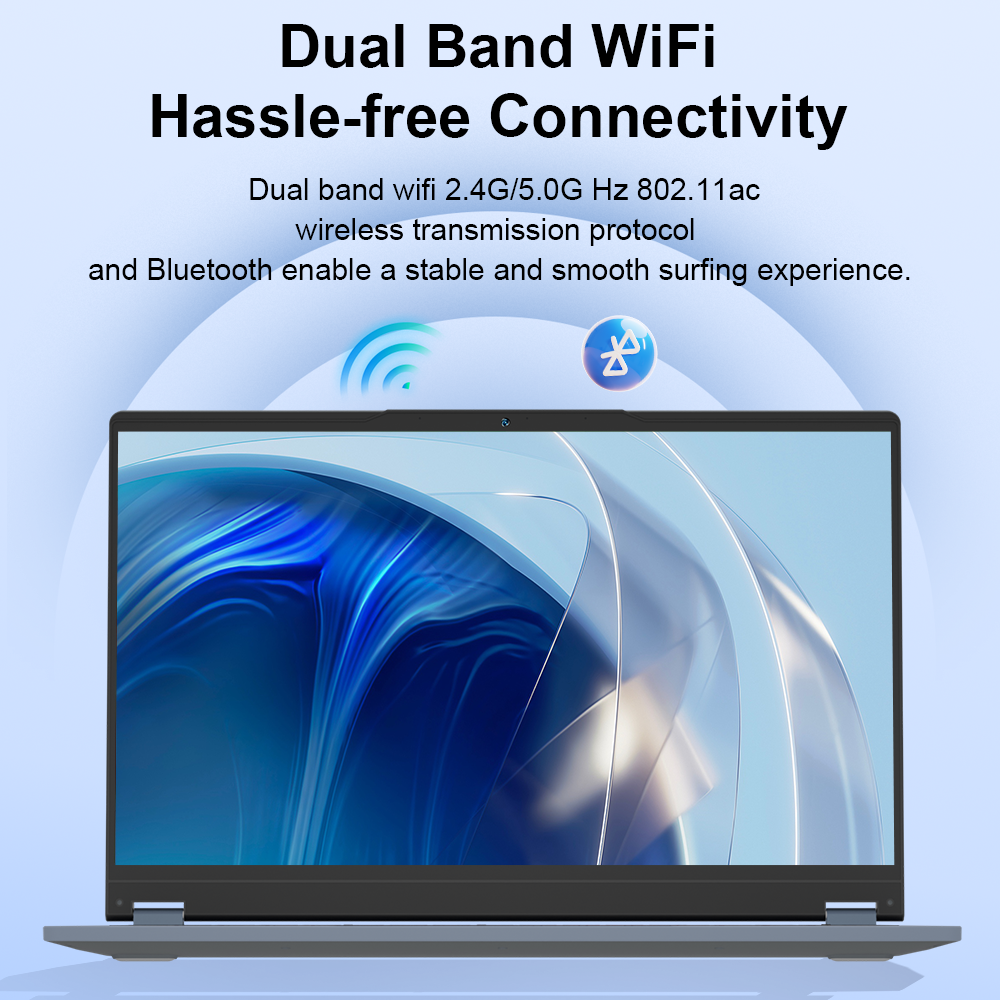 Portátil con símbolos WiFi y Bluetooth. El texto resalta la conectividad de doble banda.