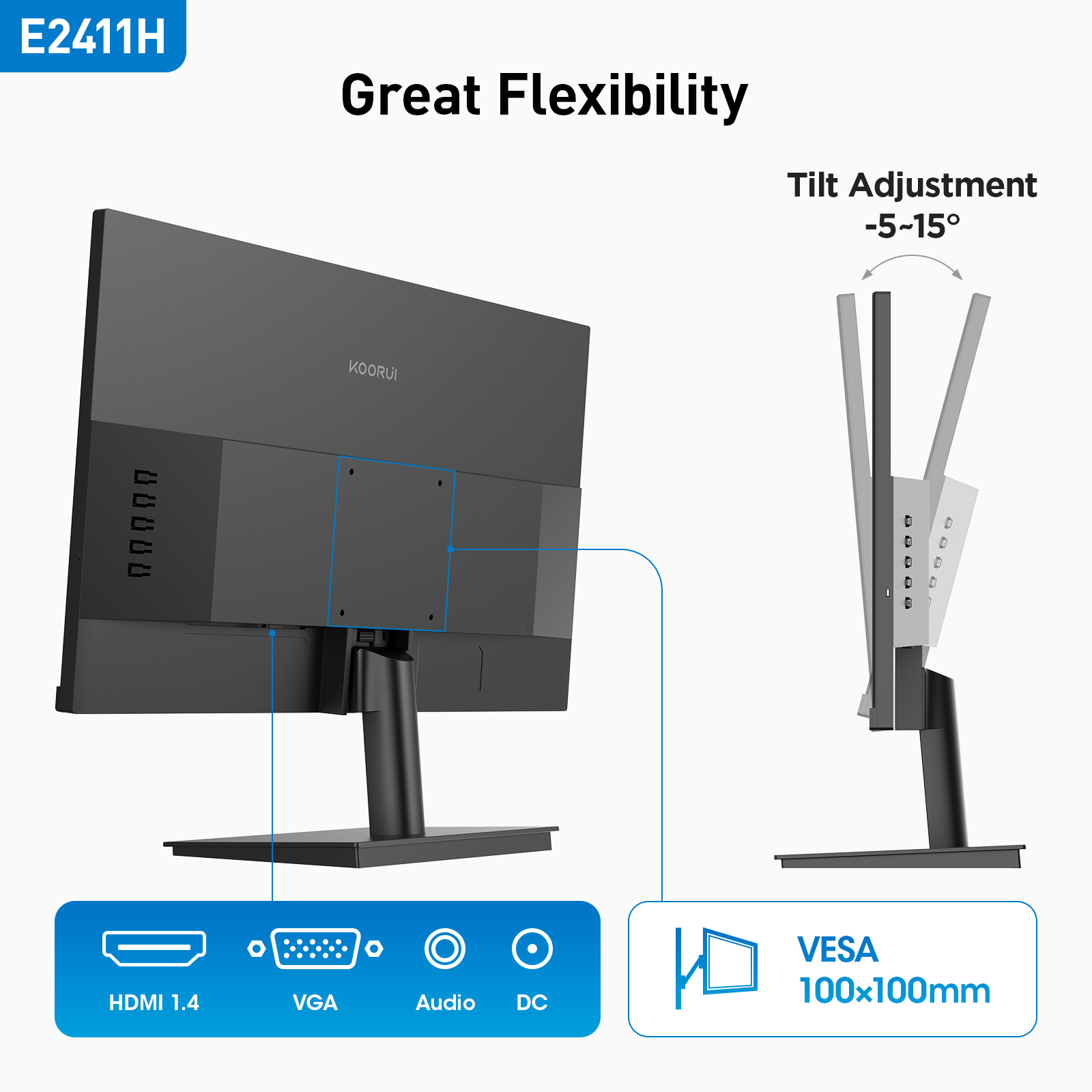 Monitor E2411H: vista trasera, ajuste de inclinación -5~15°, puertos: HDMI, VGA, Audio, DC, soporte VESA.