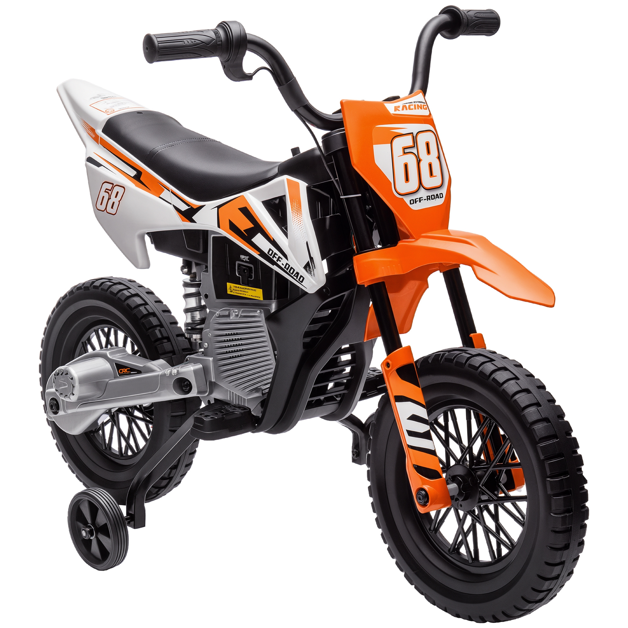 Una moto per bambini bianca e arancione con ruote di addestramento e il numero 68.