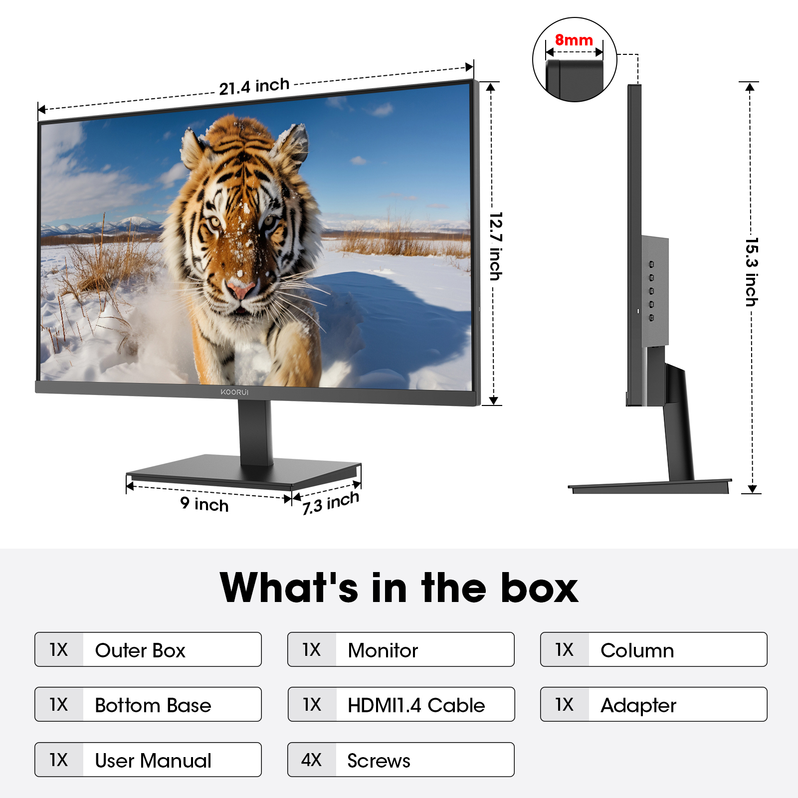 Un monitor de 21,4 pulgadas con imagen de tigre, dimensiones y accesorios.