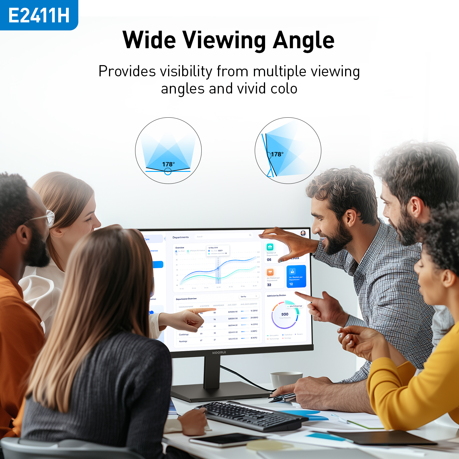 Equipo discute monitor de computadora con gráficos, ángulo de visión de 178°.