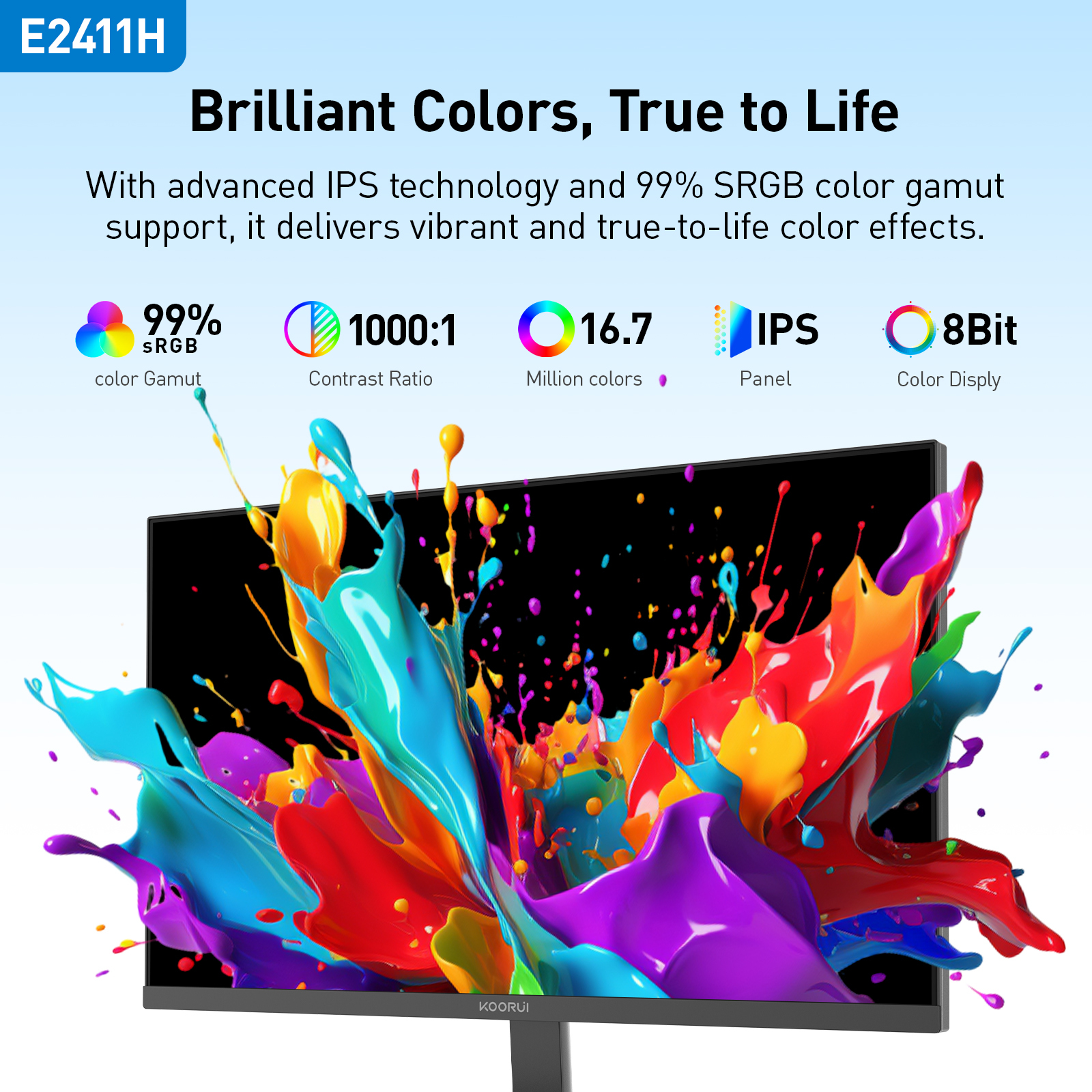 Un monitor muestra vívidas explosiones de color, con 99% SRGB y 16,7 millones de colores.