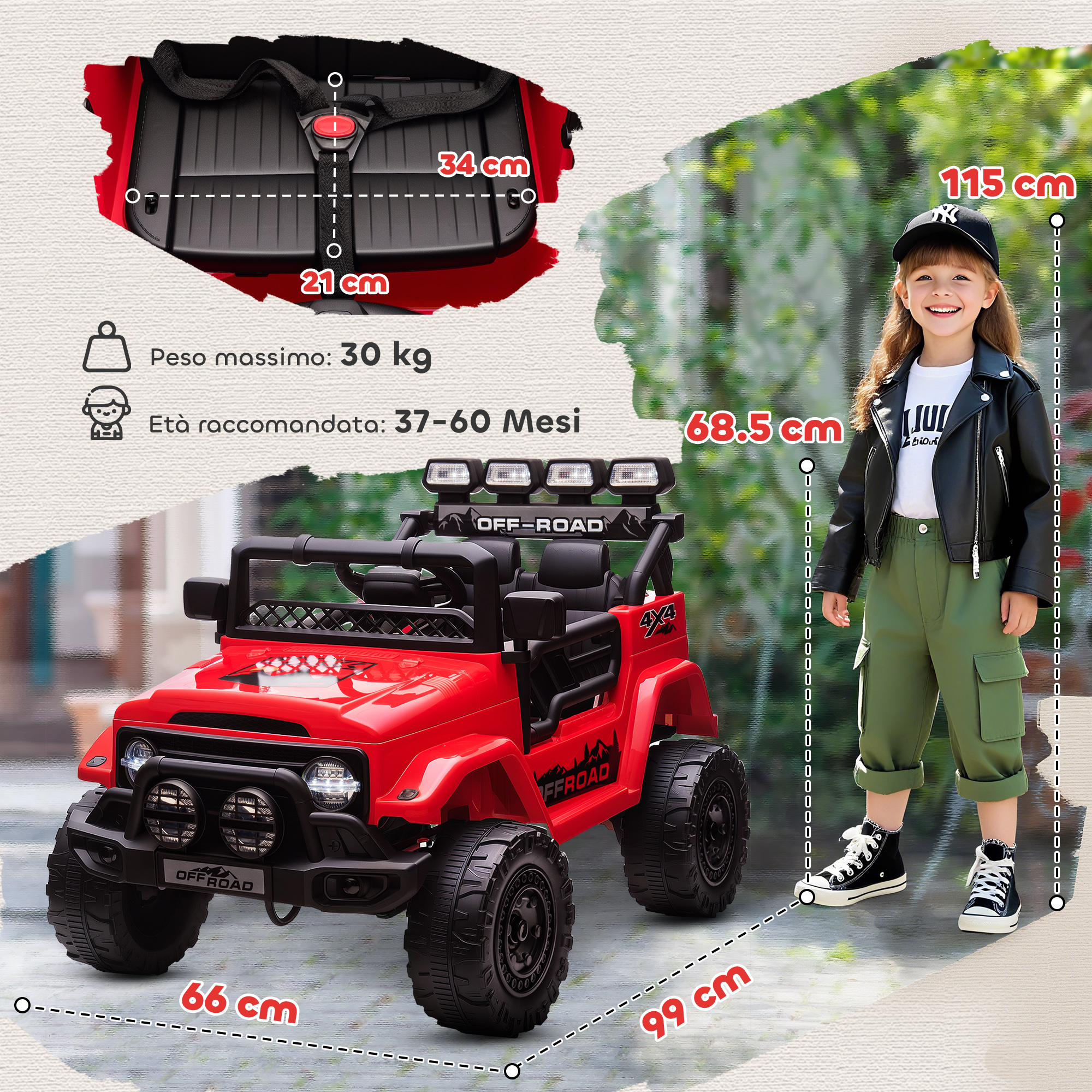 Veicolo fuoristrada giocattolo rosso con una bambina accanto. Vengono mostrate le dimensioni.