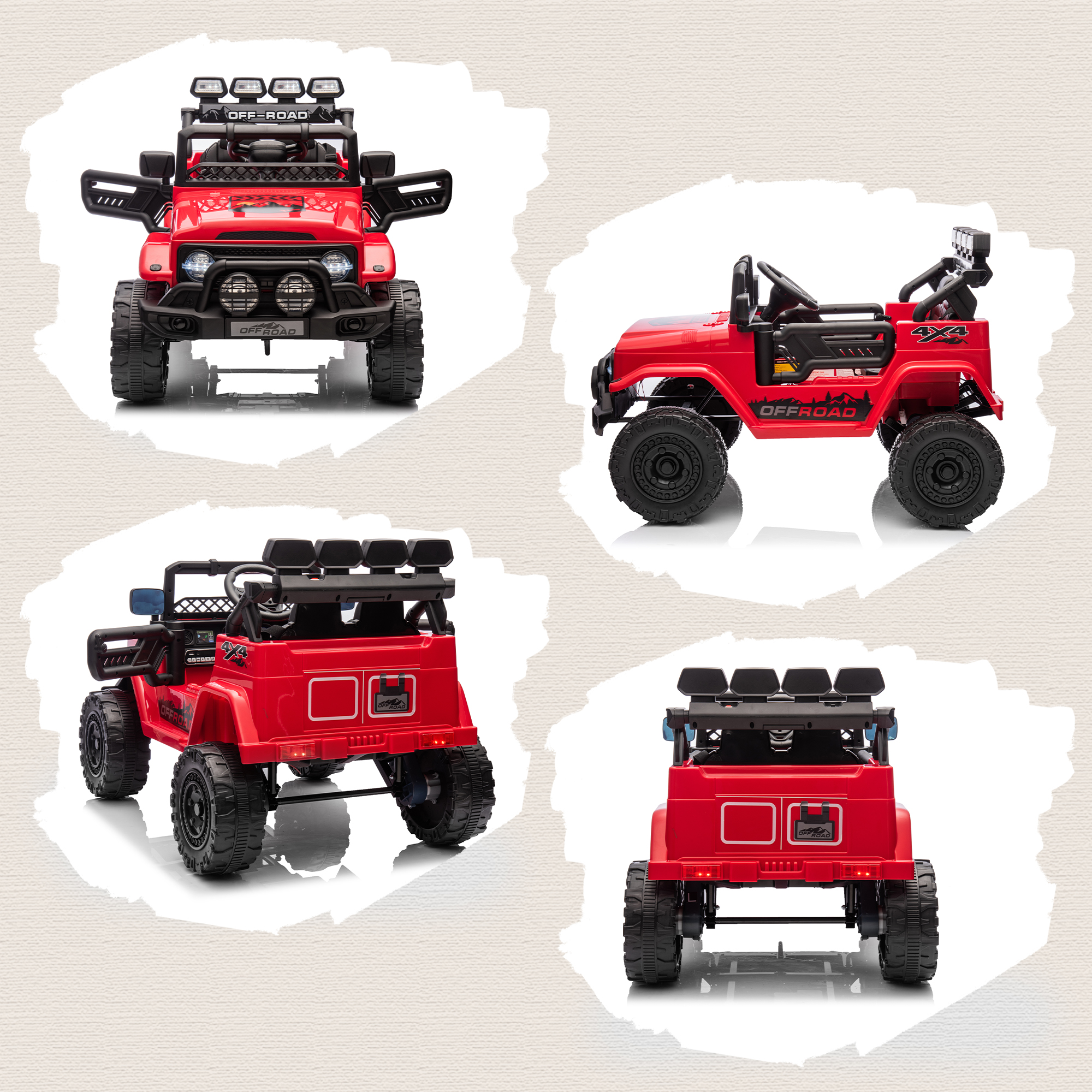 Jeep giocattolo rosso con grandi ruote, fari e scritta 'Off-Road'.
