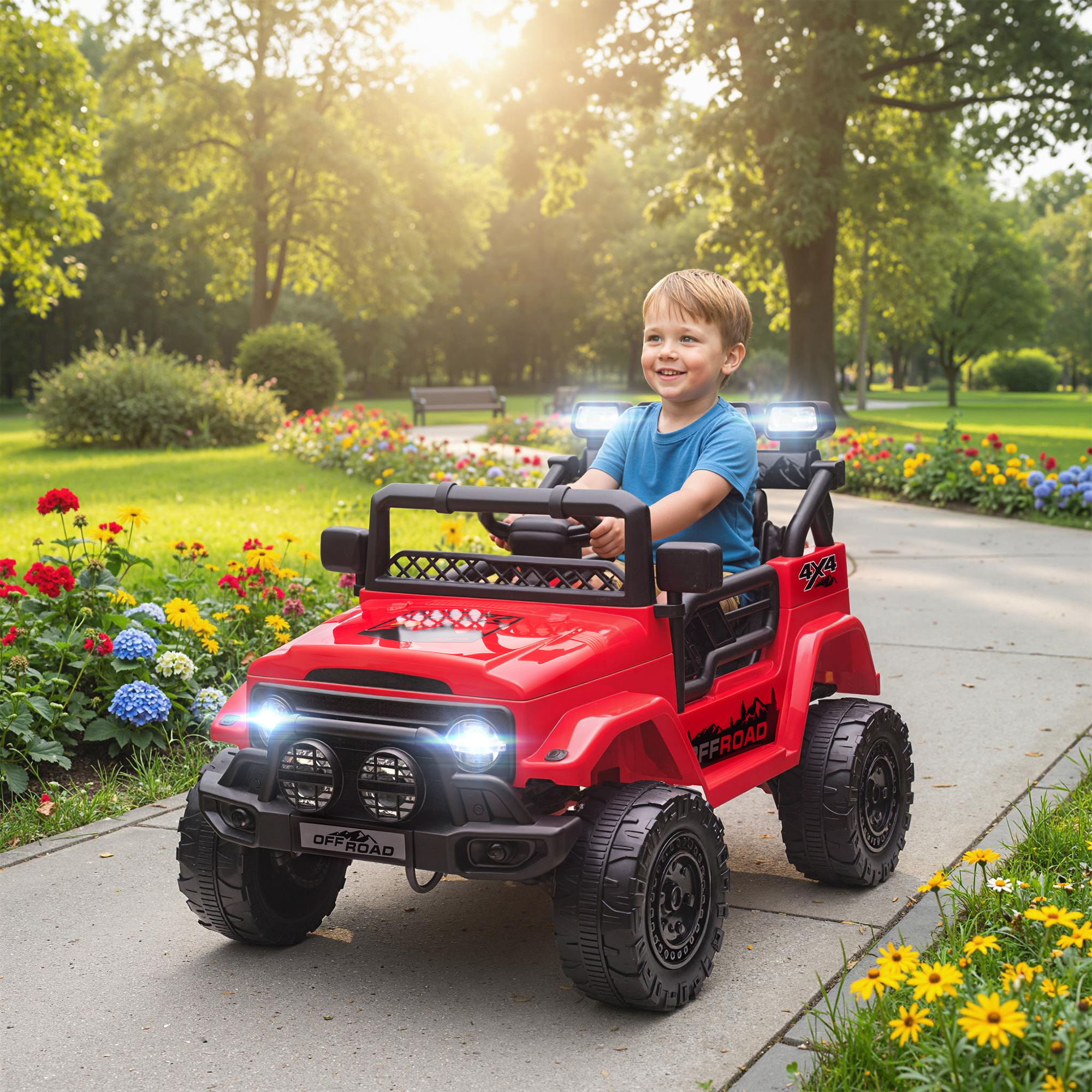 Un bambino sorride guidando una jeep giocattolo rossa in un parco.