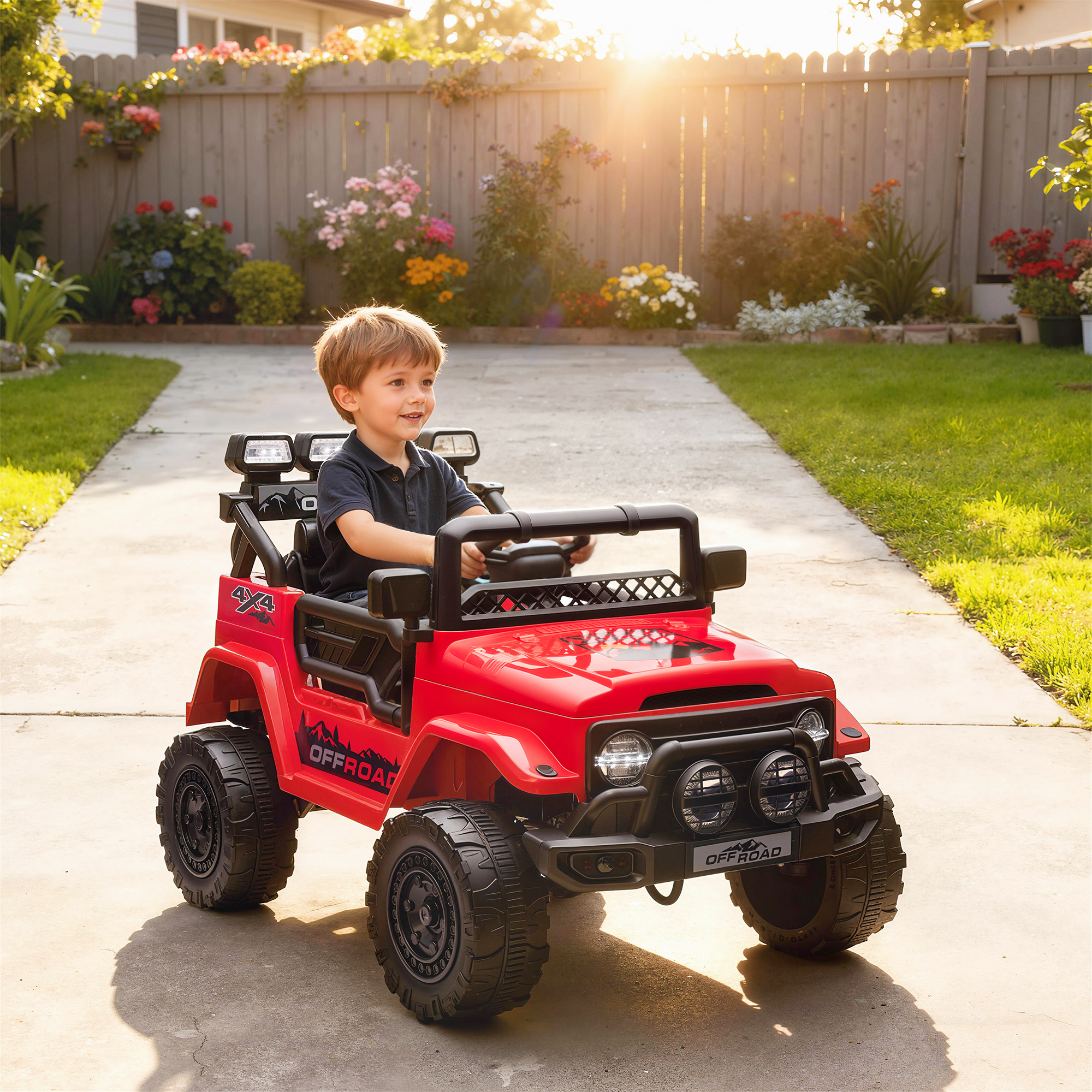 Un bambino guida una jeep elettrica rossa in un cortile.