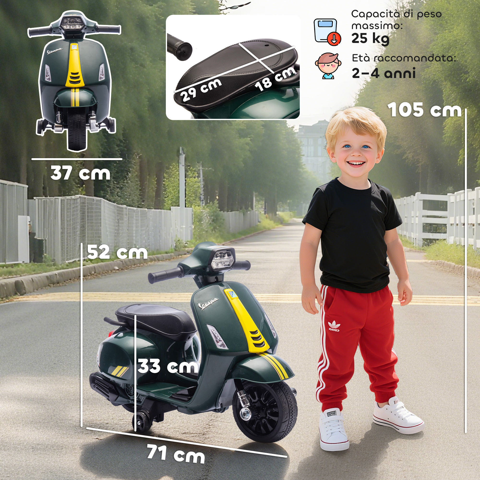 Un motorino Vespa giocattolo verde con striscia gialla accanto a un bambino sorridente in pantaloni rossi.