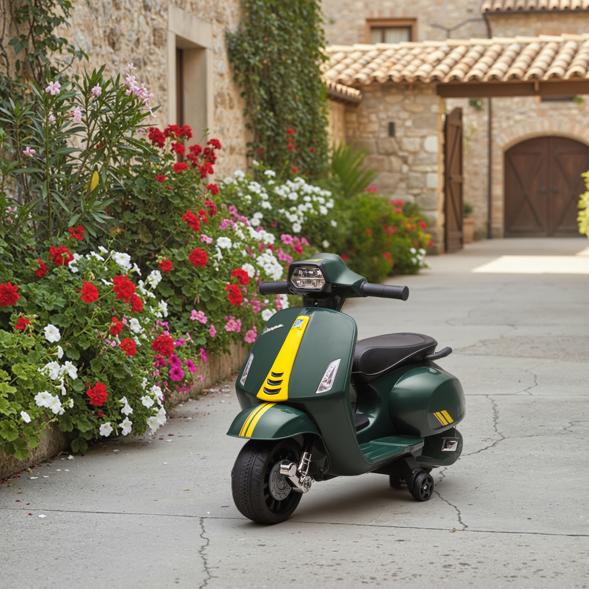 Scooter verde scuro con strisce gialle davanti a edificio in pietra con fiori.