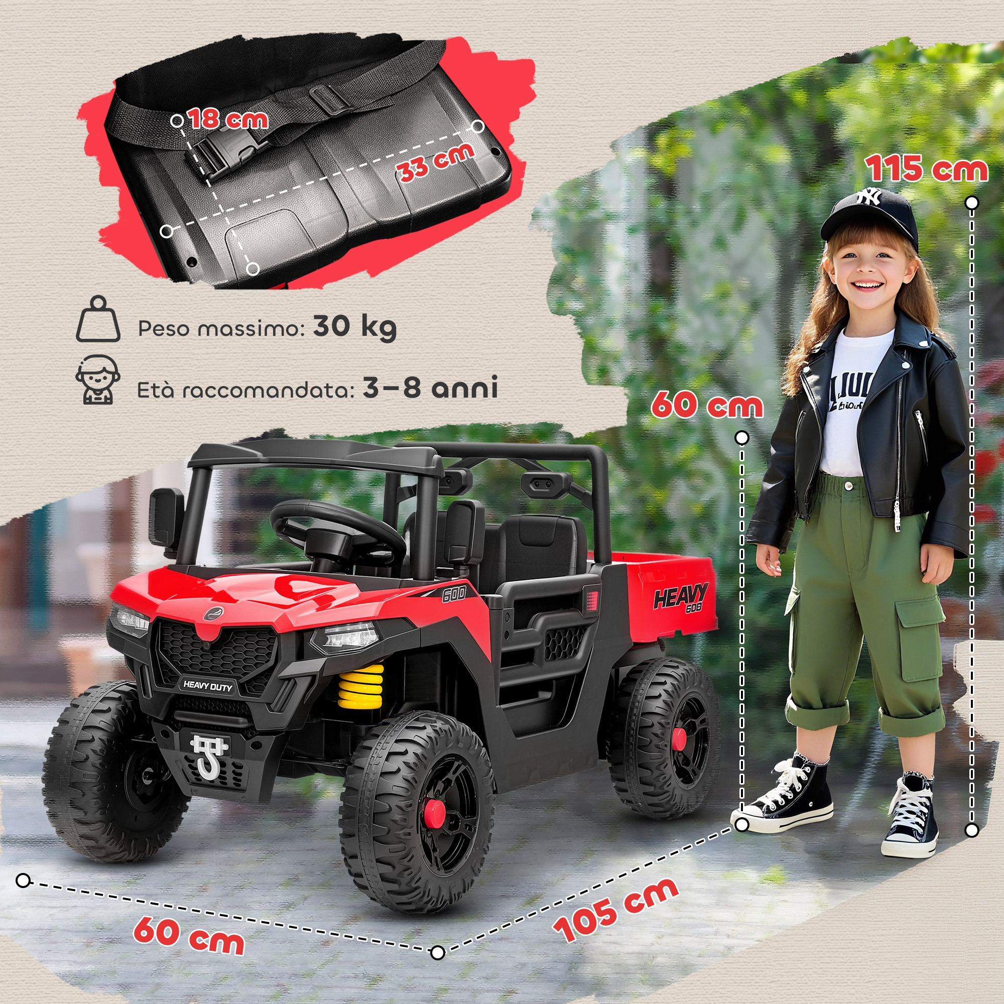 Un'auto elettrica rossa per bambini è parcheggiata accanto a una bambina sorridente. Dimensioni e limiti di peso indicati.