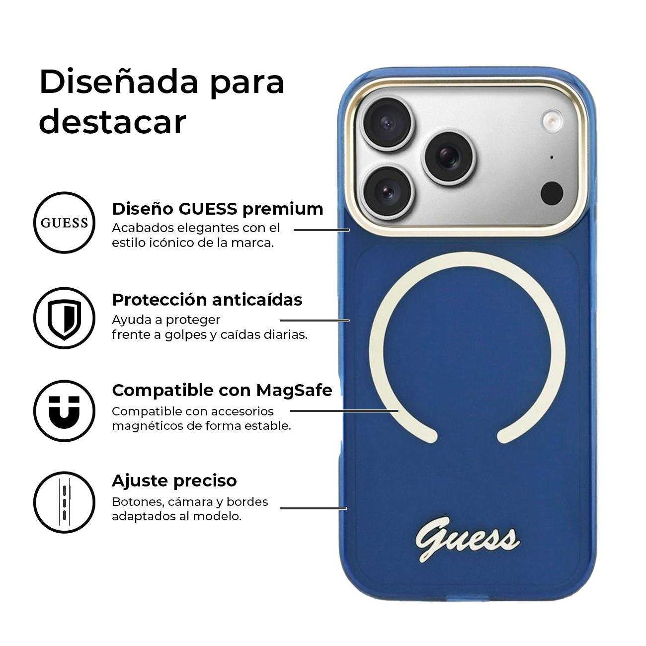 Funda azul Guess para móvil con recorte de cámara y logo "Guess".