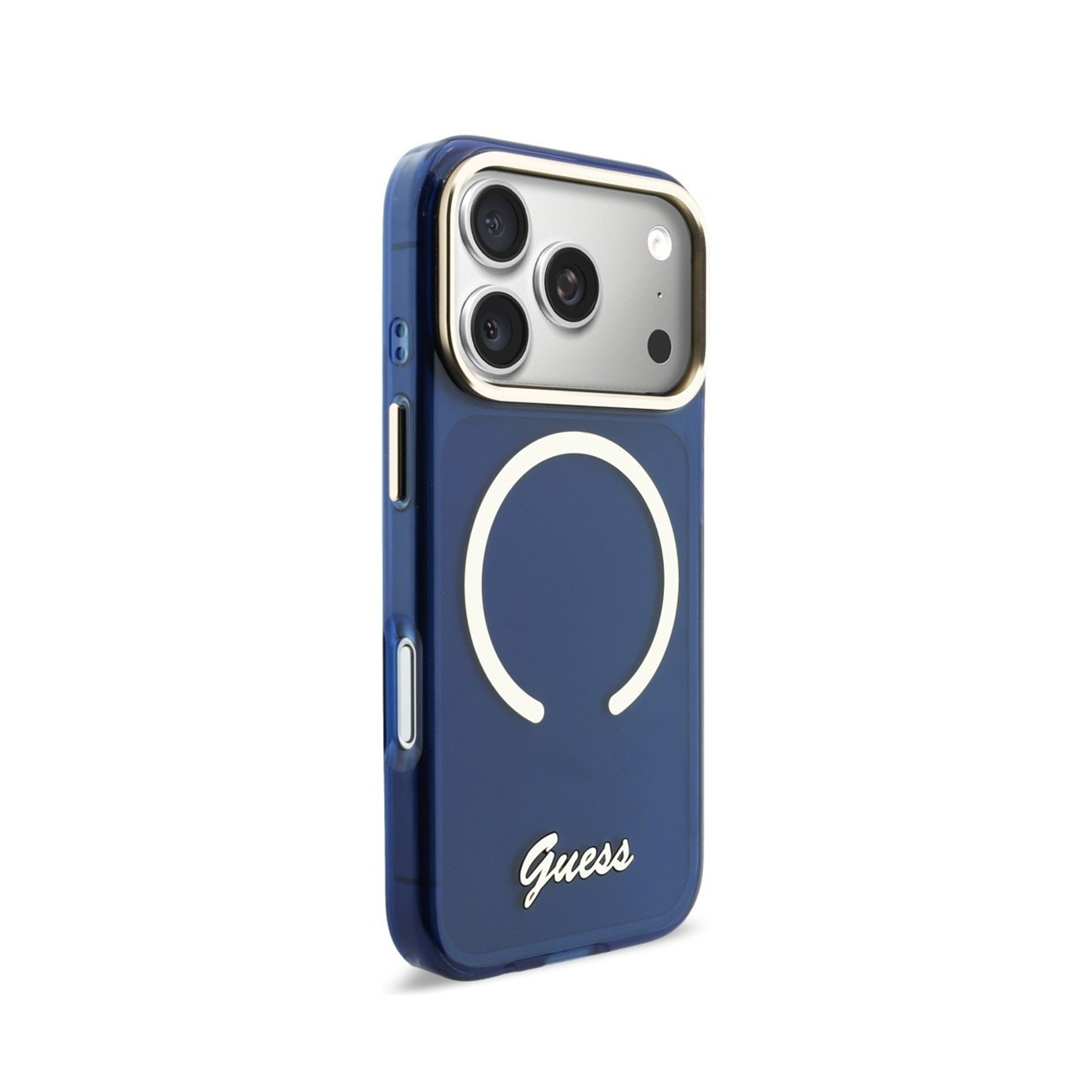 Funda azul oscuro para teléfono con recorte de cámara y logo Guess.
