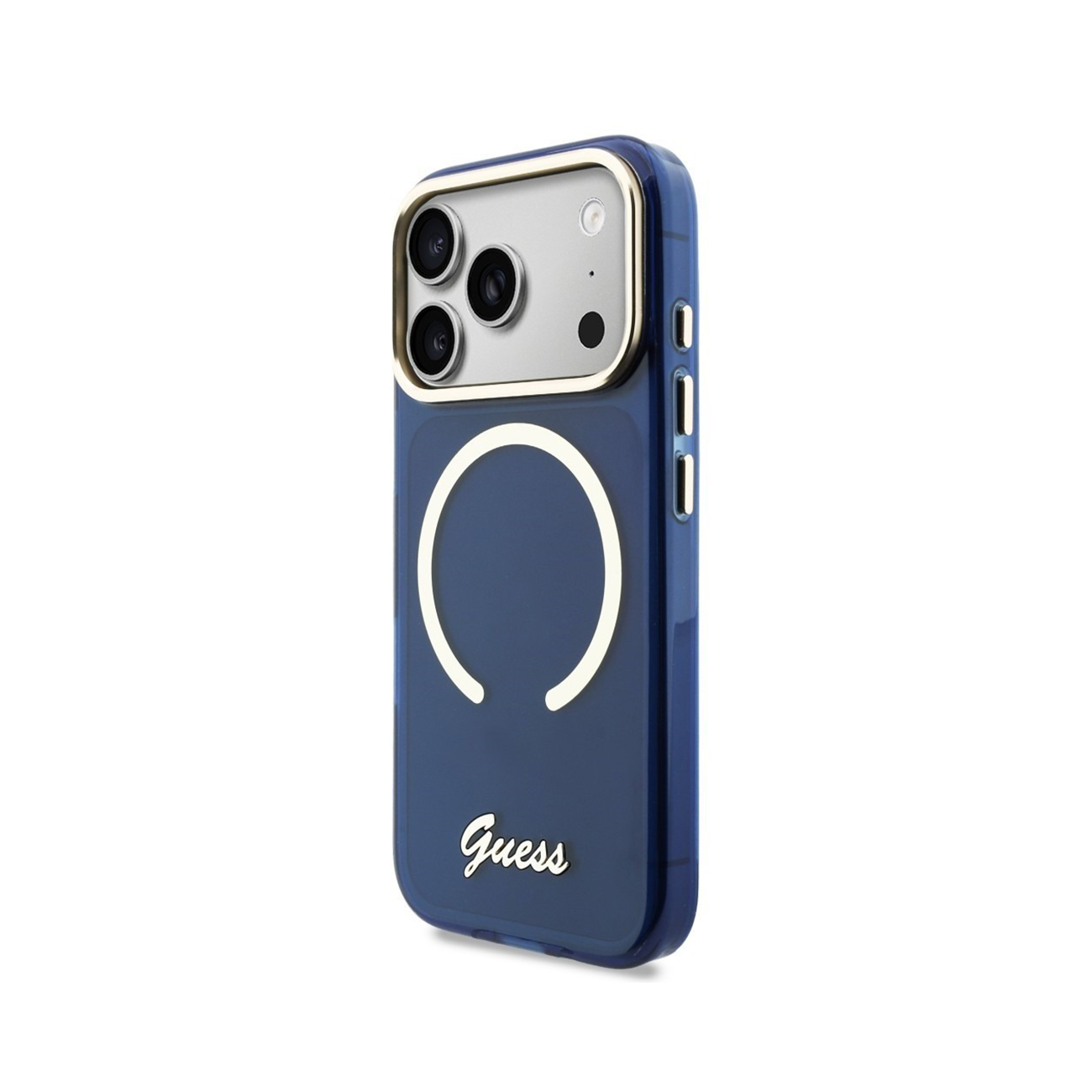 Funda azul oscuro para iPhone con anillo plateado y logo Guess, corte para cámara.