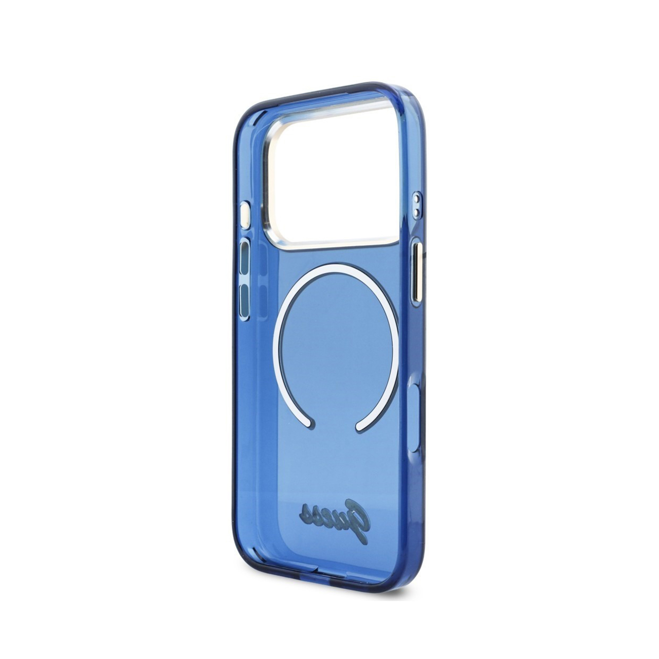 Una funda de teléfono azul transparente con un círculo y logo sobre fondo blanco.