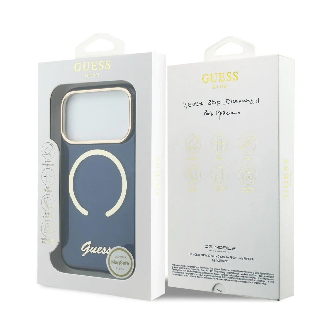 Funda Guess azul marino con MagSafe, muestra embalaje con logo y detalles.