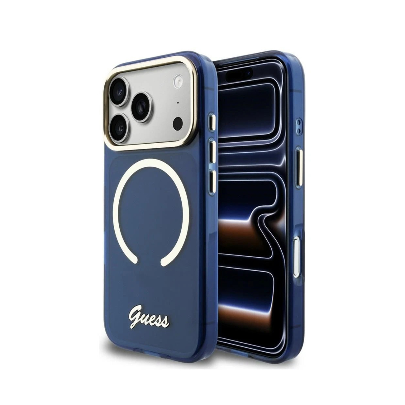 Funda azul oscuro con anillo dorado y logo Guess. Parte trasera blanca.
