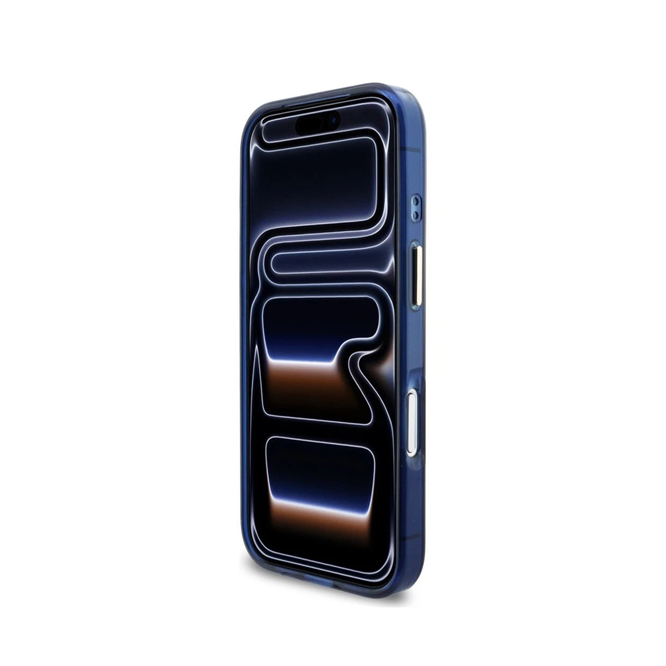 Una funda de teléfono azul translúcida con un diseño moderno y líneas abstractas.