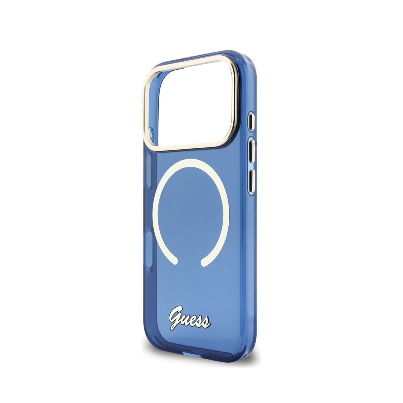 Una funda de teléfono azul transparente con borde plateado y logo de Guess.