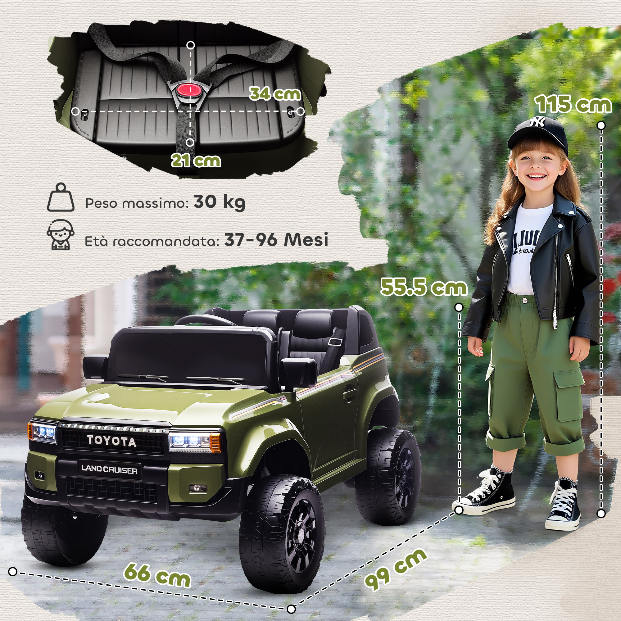 Un Toyota Land Cruiser verde con un bambino accanto. Vengono mostrate le dimensioni.