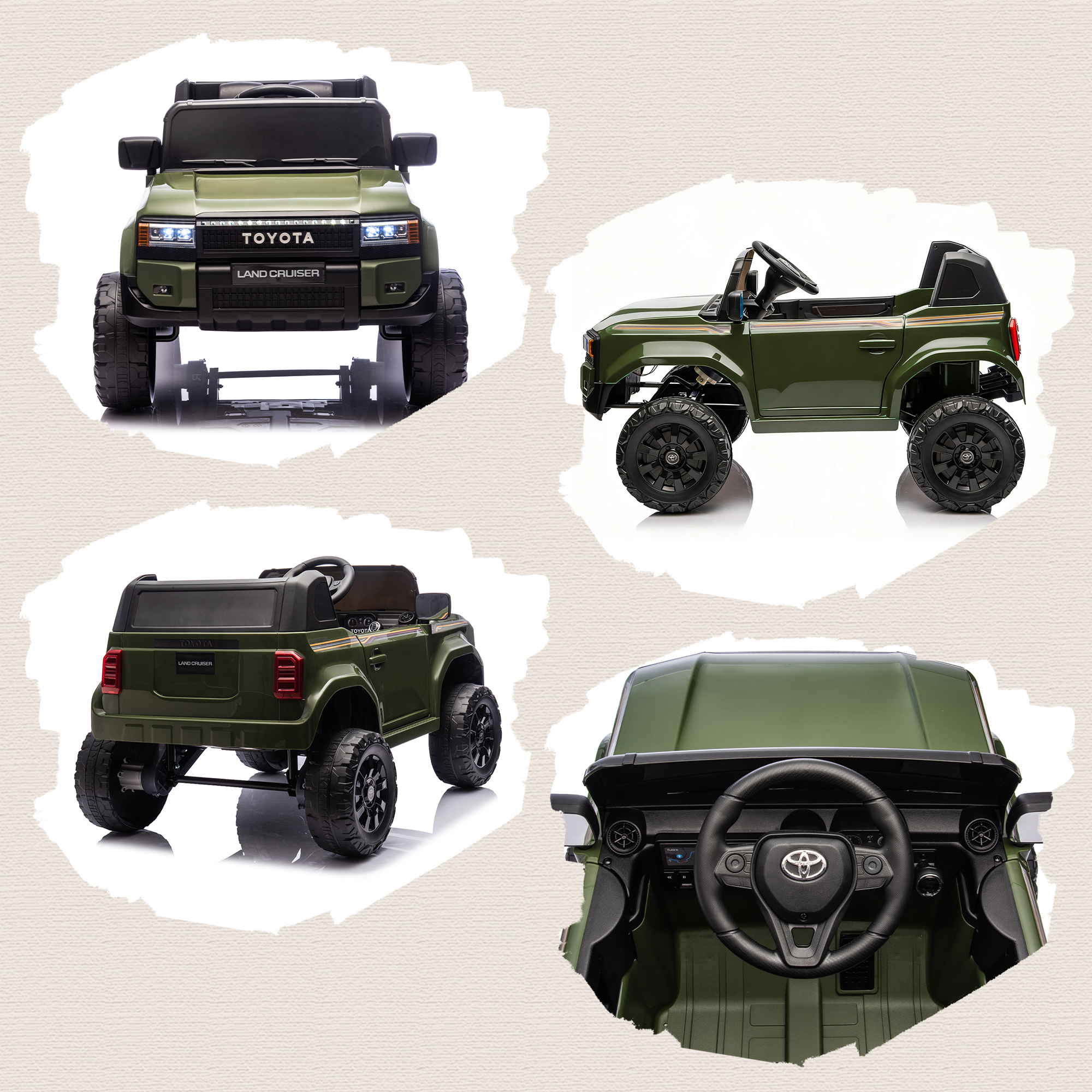 Una jeep elettrica per bambini verde Toyota Land Cruiser vista da fronte, lato, retro e interni.