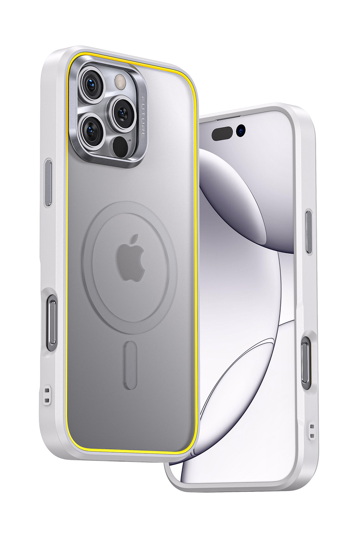 Sarı kenarlı iki beyaz telefon kılıfı. Biri kamera lenslerini, Apple logosunu gösteriyor.