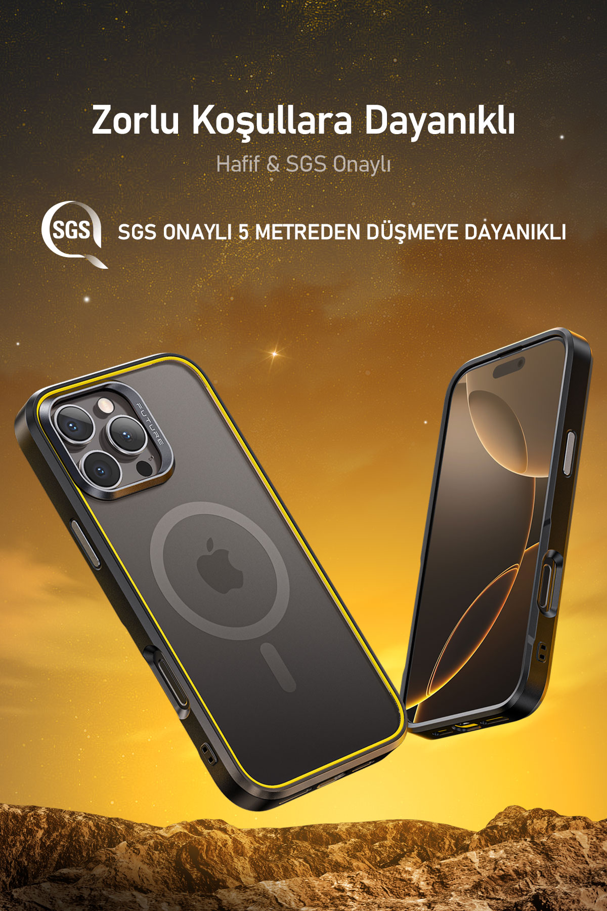 Altın rengi gökyüzü altında, kayalık arazide sarı çerçeveli iki siyah telefon kılıfı.