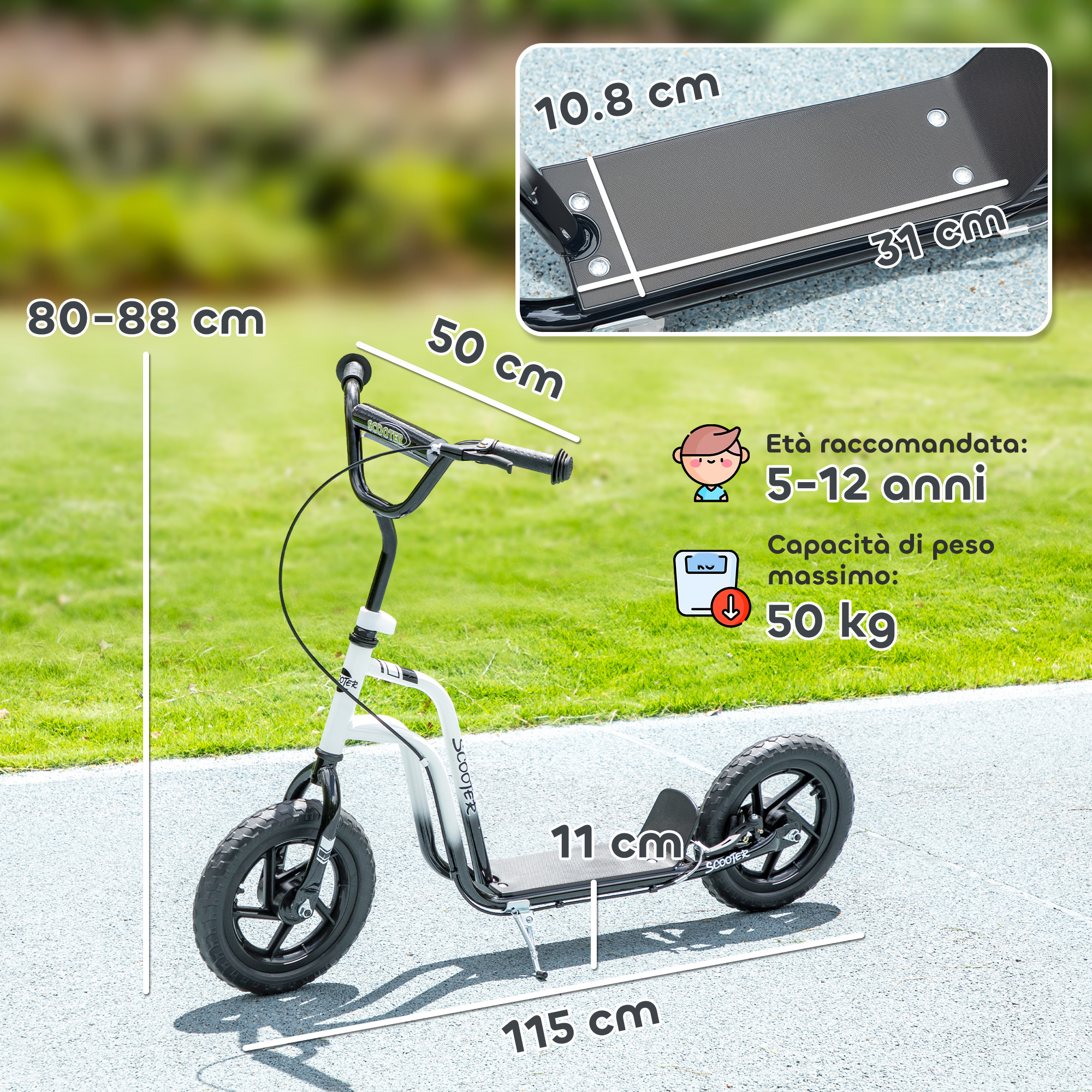 Uno scooter bianco e nero con dimensioni e raccomandazione d'età.