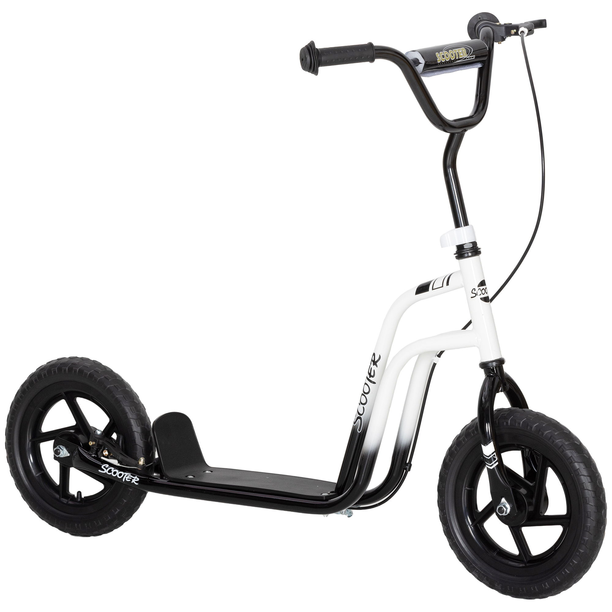 Uno scooter bianco e nero con ruote grandi e manubrio.