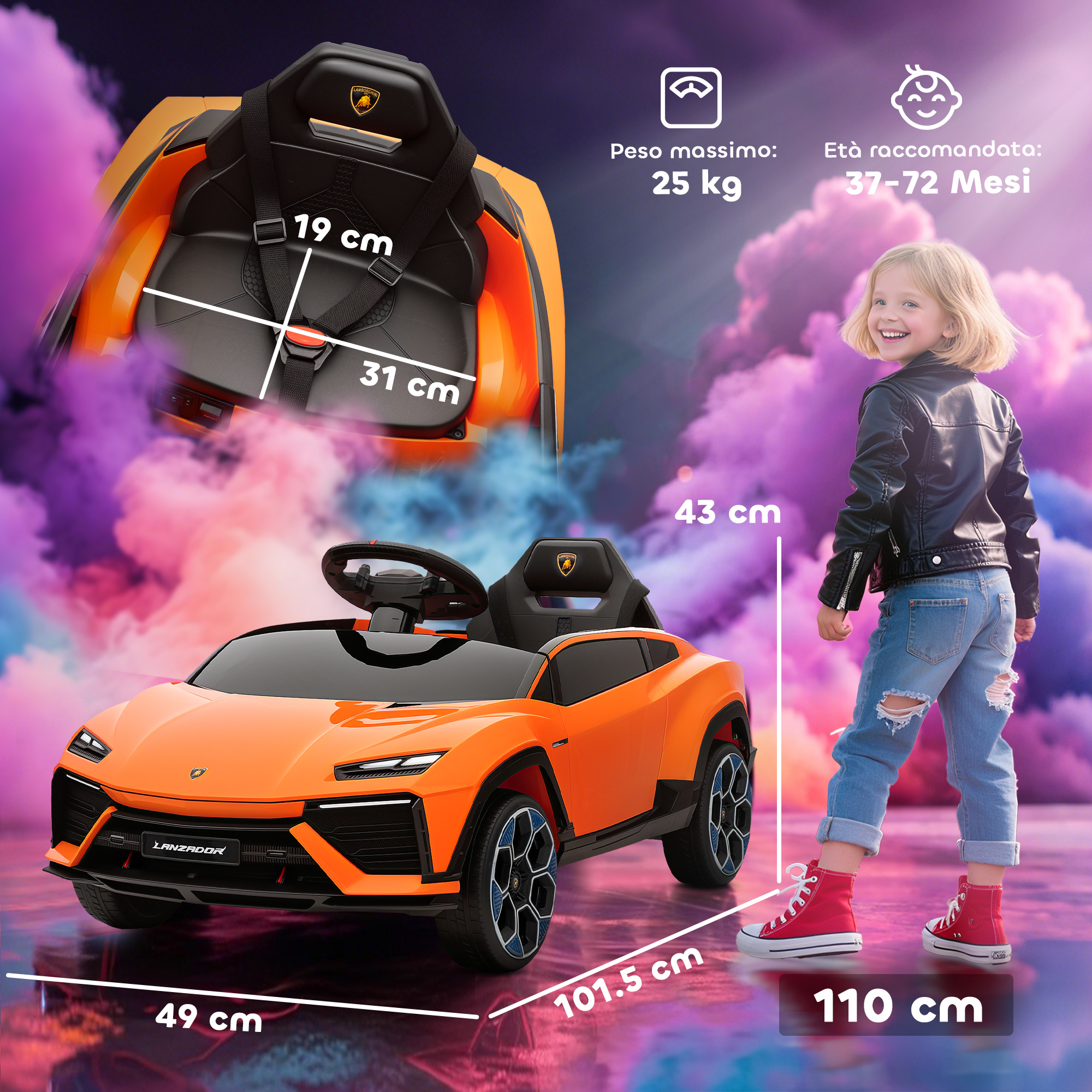 Auto elettrica Lamborghini Lanzador arancione con bambino e misure.
