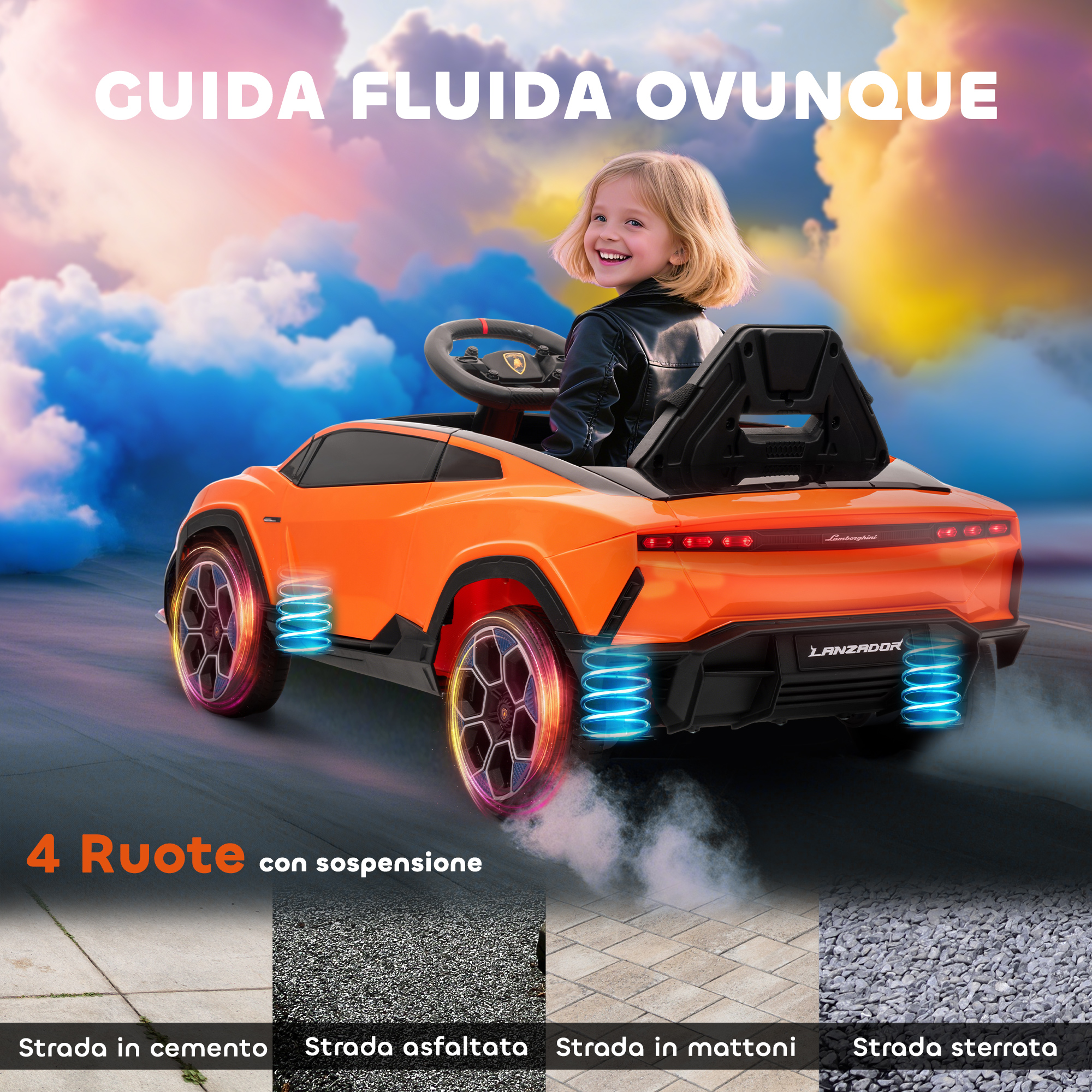 Una bambina guida un'auto elettrica arancione con ruote luminose e fumo.