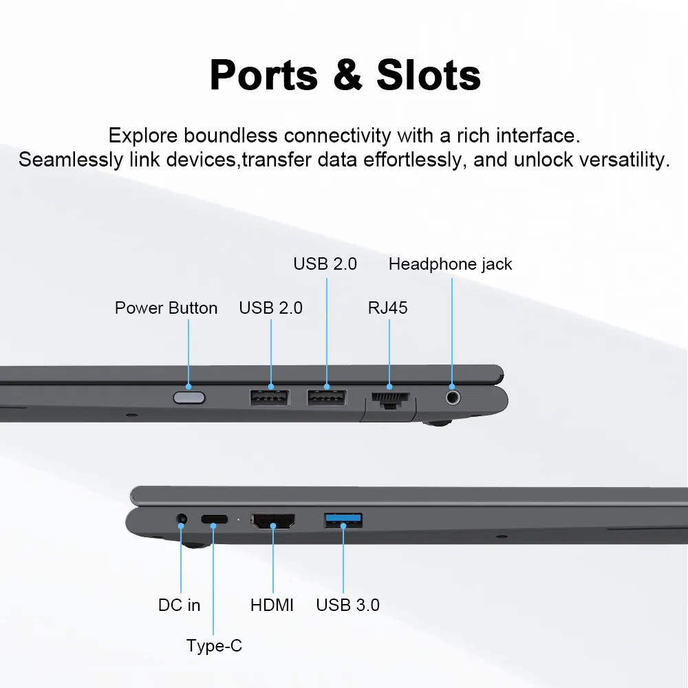 Puertos de laptop: USB, HDMI, entrada CC, jack auriculares, RJ45, Tipo-C.
