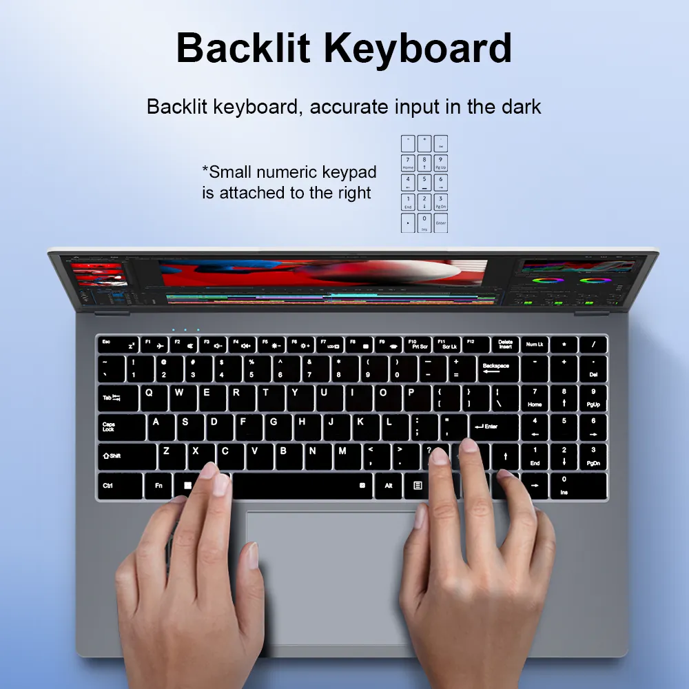 Una persona teclea en un teclado de portátil retroiluminado con teclado numérico.