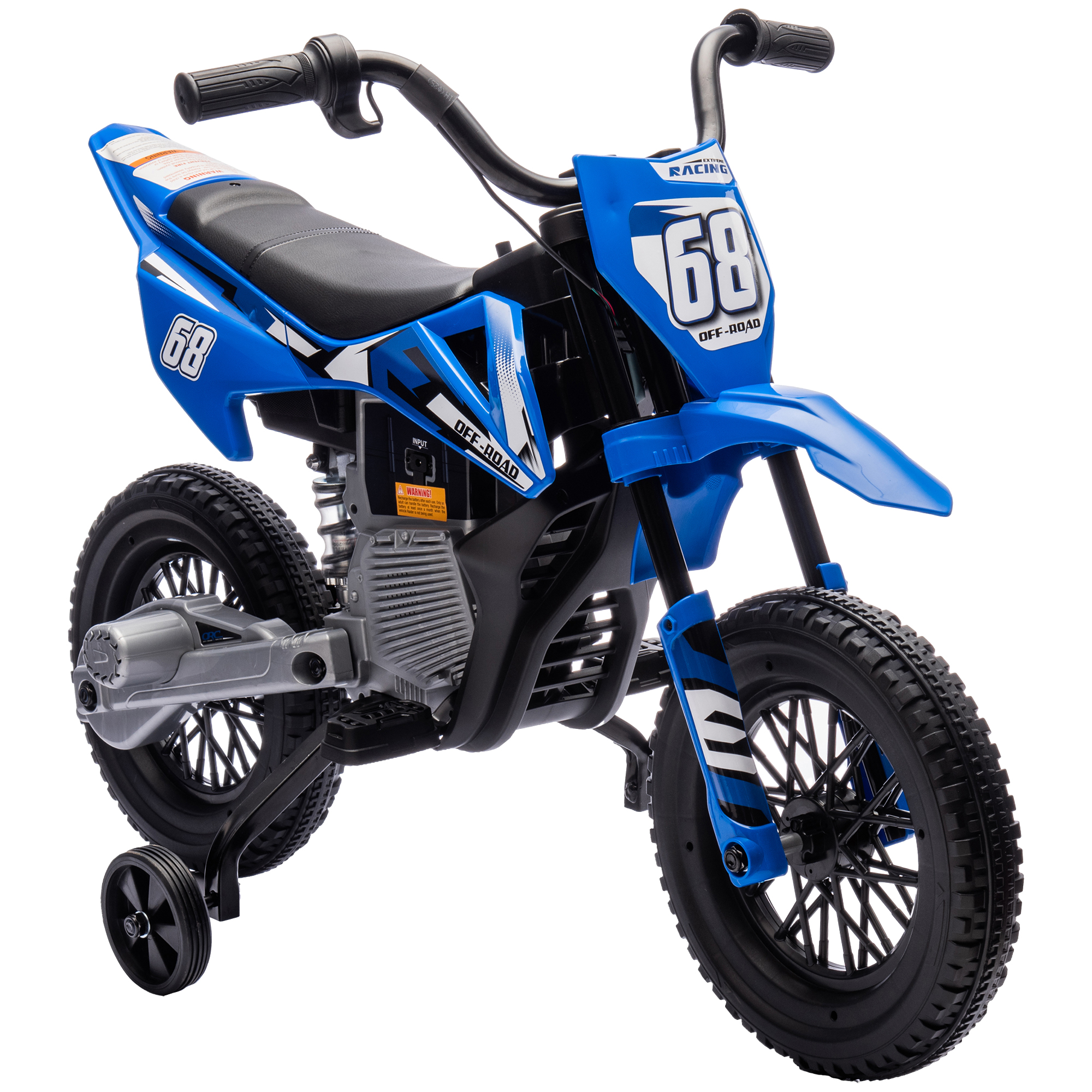 Una moto per bambini blu con rotelle, numero 68 e decalcomania 'Racing'.