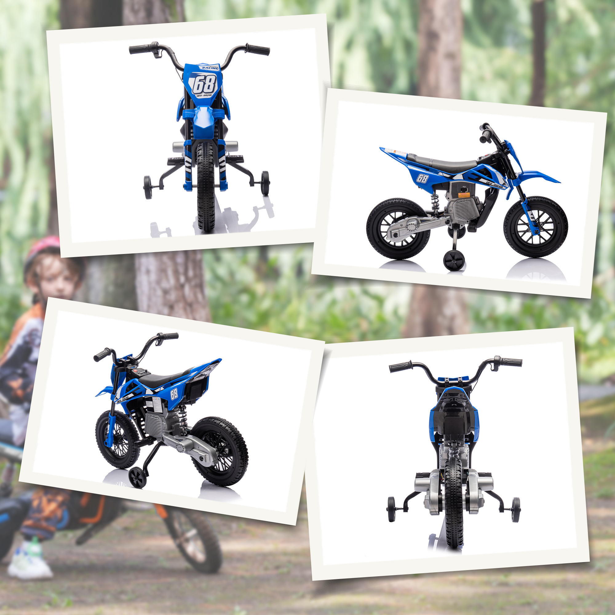Moto giocattolo blu con rotelle e il numero 68.