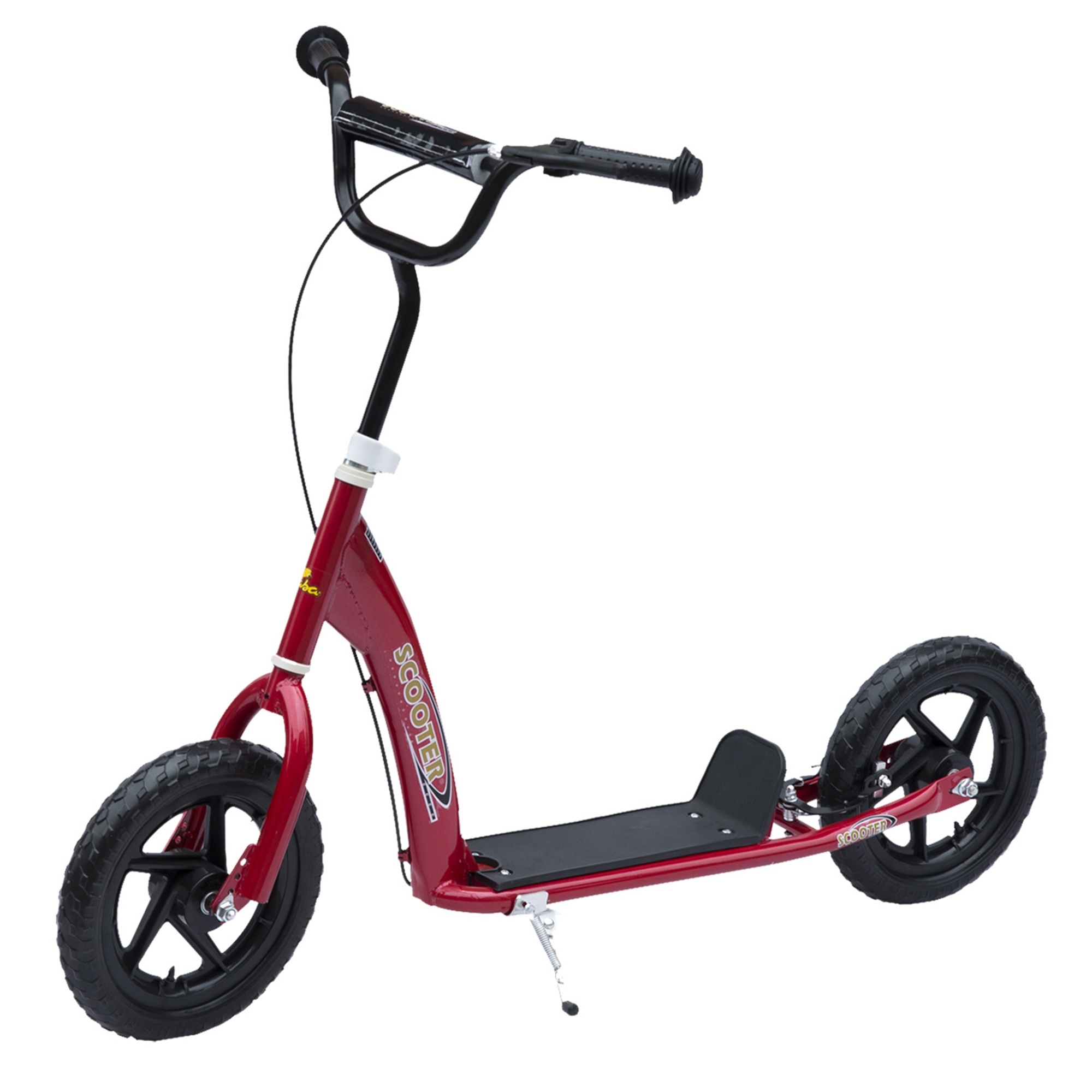 Uno scooter rosso con ruote e manubrio neri, isolato.