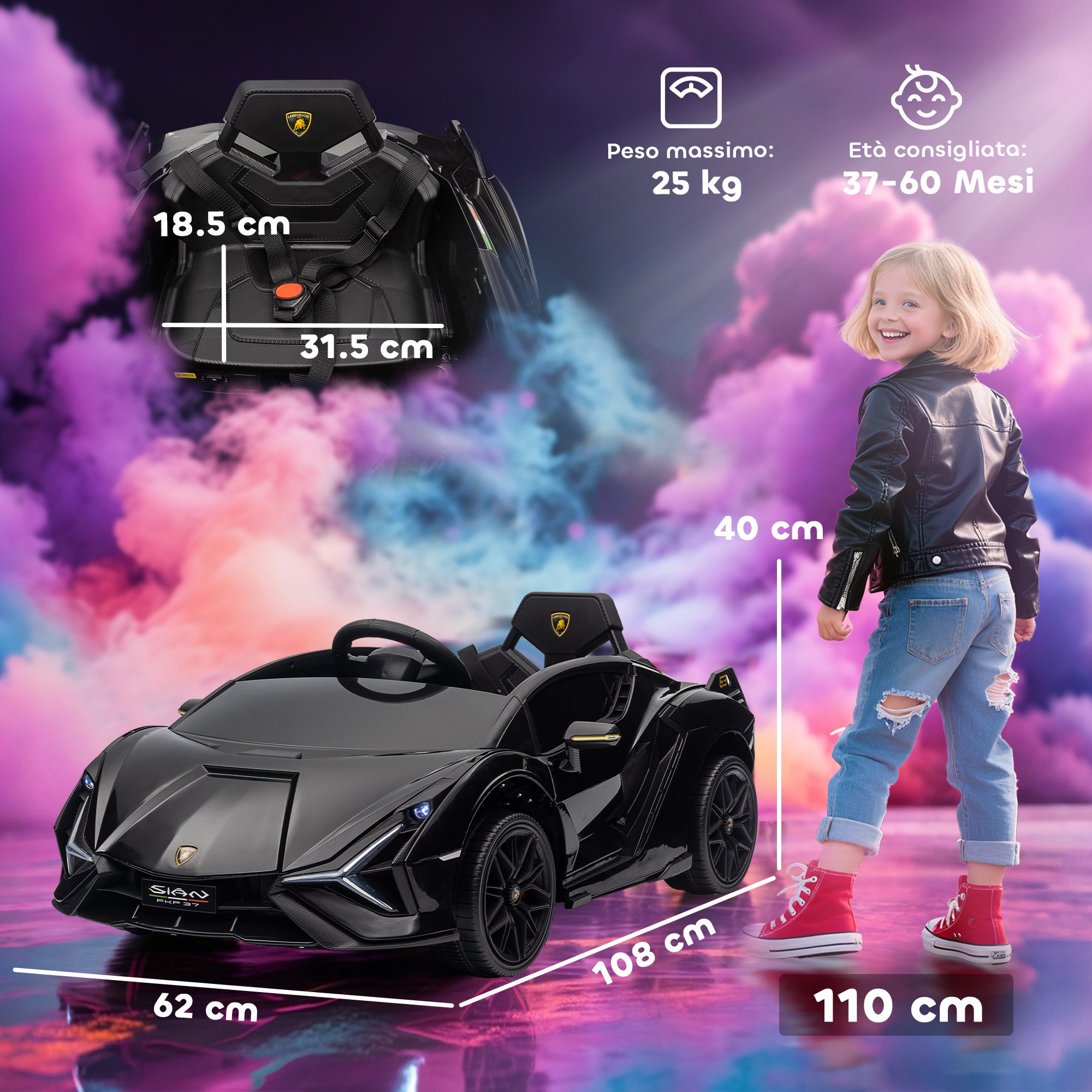 Una macchina giocattolo Lamborghini nera con una bambina accanto. Dimensioni indicate.