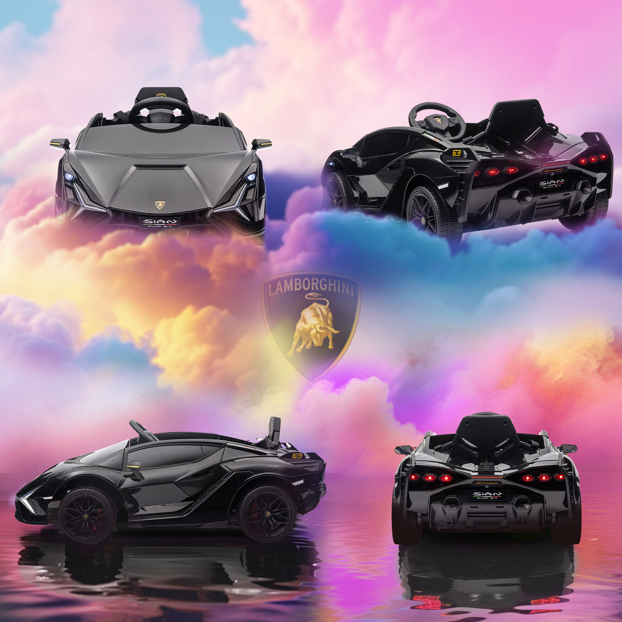 Quattro viste di un'auto Lamborghini giocattolo nera su sfondo di nuvole colorate.
