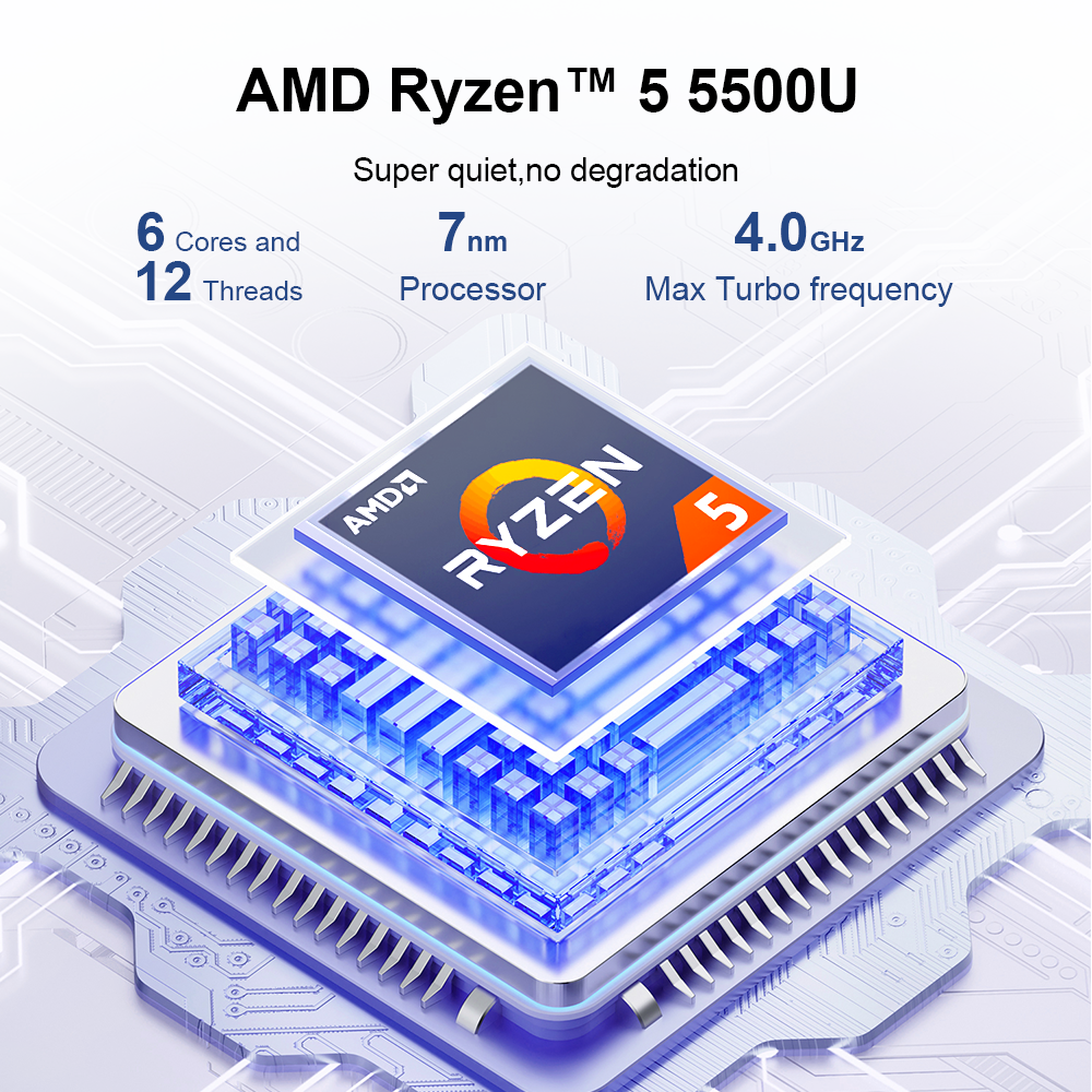 Procesador AMD Ryzen 5 5500U con 6 núcleos, 12 hilos, 7nm.