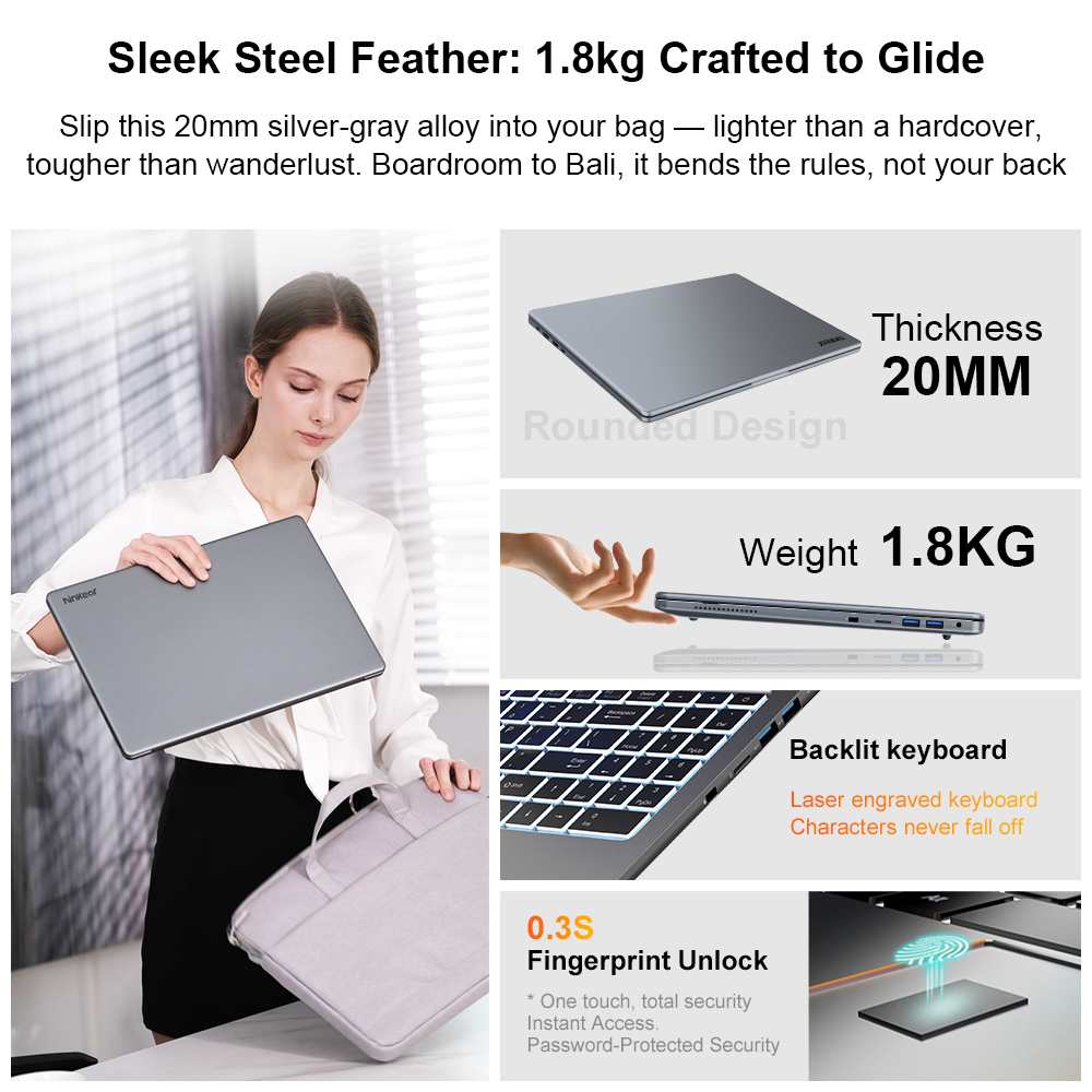 Una mujer sostiene una laptop plateada. Imágenes muestran grosor, peso, teclado retroiluminado y huella dactilar.