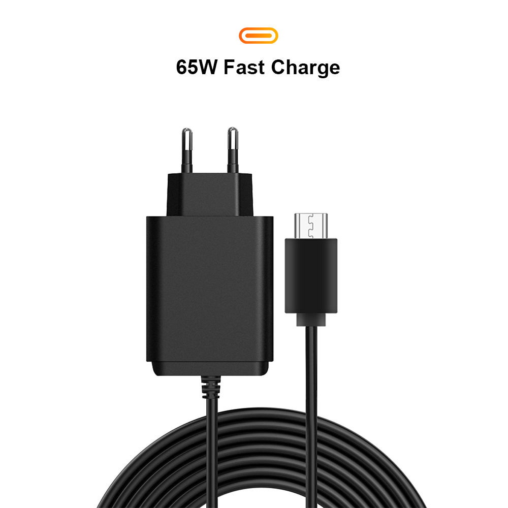 Adaptador de carga rápida negro de 65W con cable enrollado y conector micro USB.