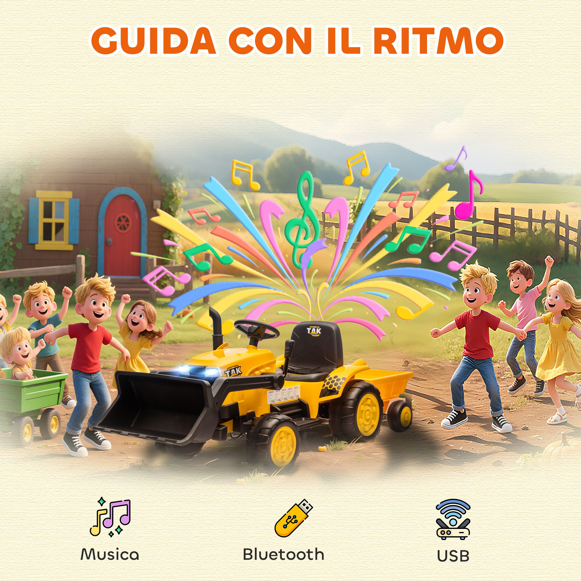 Bambini danzano attorno a un trattore giocattolo giallo con note musicali colorate.